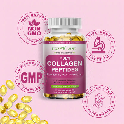 Multi Collagen Peptides Softgel - Type I, II, III, V, X - Hydrolyzed Collagen Peptides with Biotin Vitamin C Hyaluronic Acid for Women & Men, Supports Skin Hair Nail & Joint, Non-GMO, 60 Servings HZZYPLANT