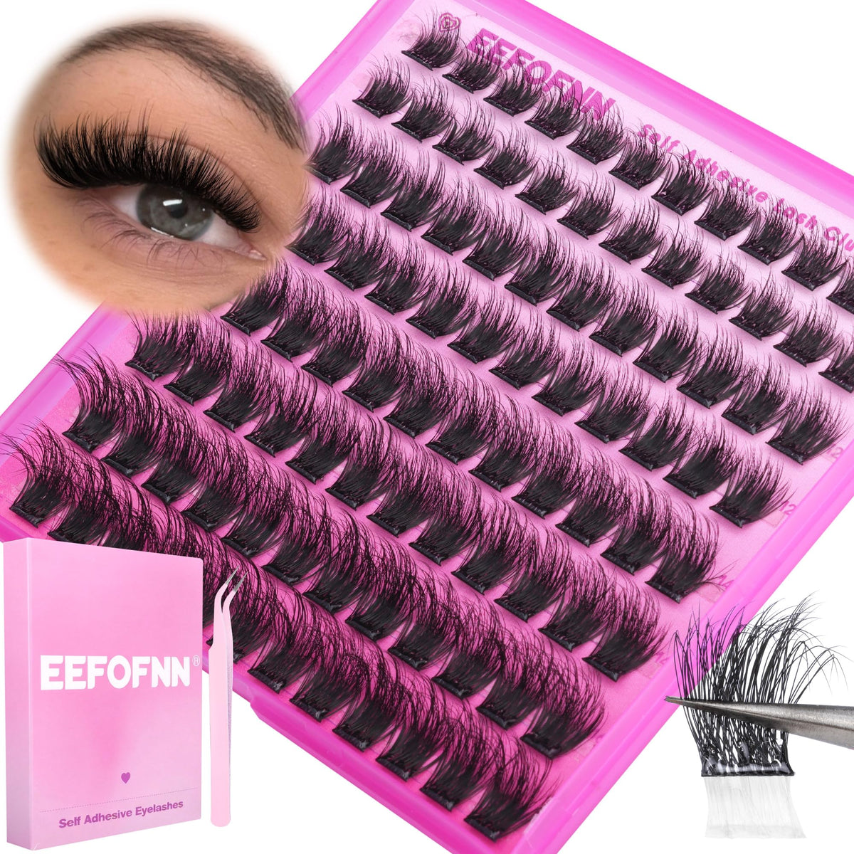 Self Adhesive Eyelashes Fluffy Self Adhesive Lash Clusters No Glue Eyelash Clusters Wispy Glueless Cluster Eyelash Extensions 10-16mm Individual Lashes DIY Lash Extension Kit with Anti-Stick Tweezers Eefofnn