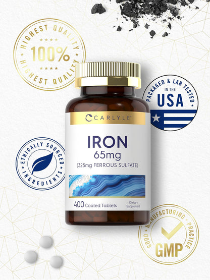 Carlyle Iron Ferrous Sulfate 325mg, 65 mg | 400 Tablets | Non-GMO, Gluten Free, and Vegetarian Supplement | High Potency Carlyle