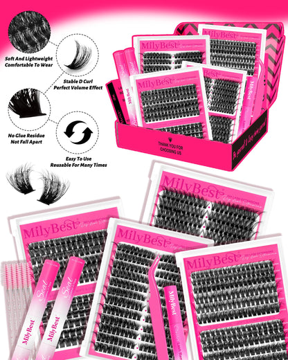 MilyBest 4 Styles Lash Clusters Kit, 864 Pcs D Curl Volume Lashes MilyBest