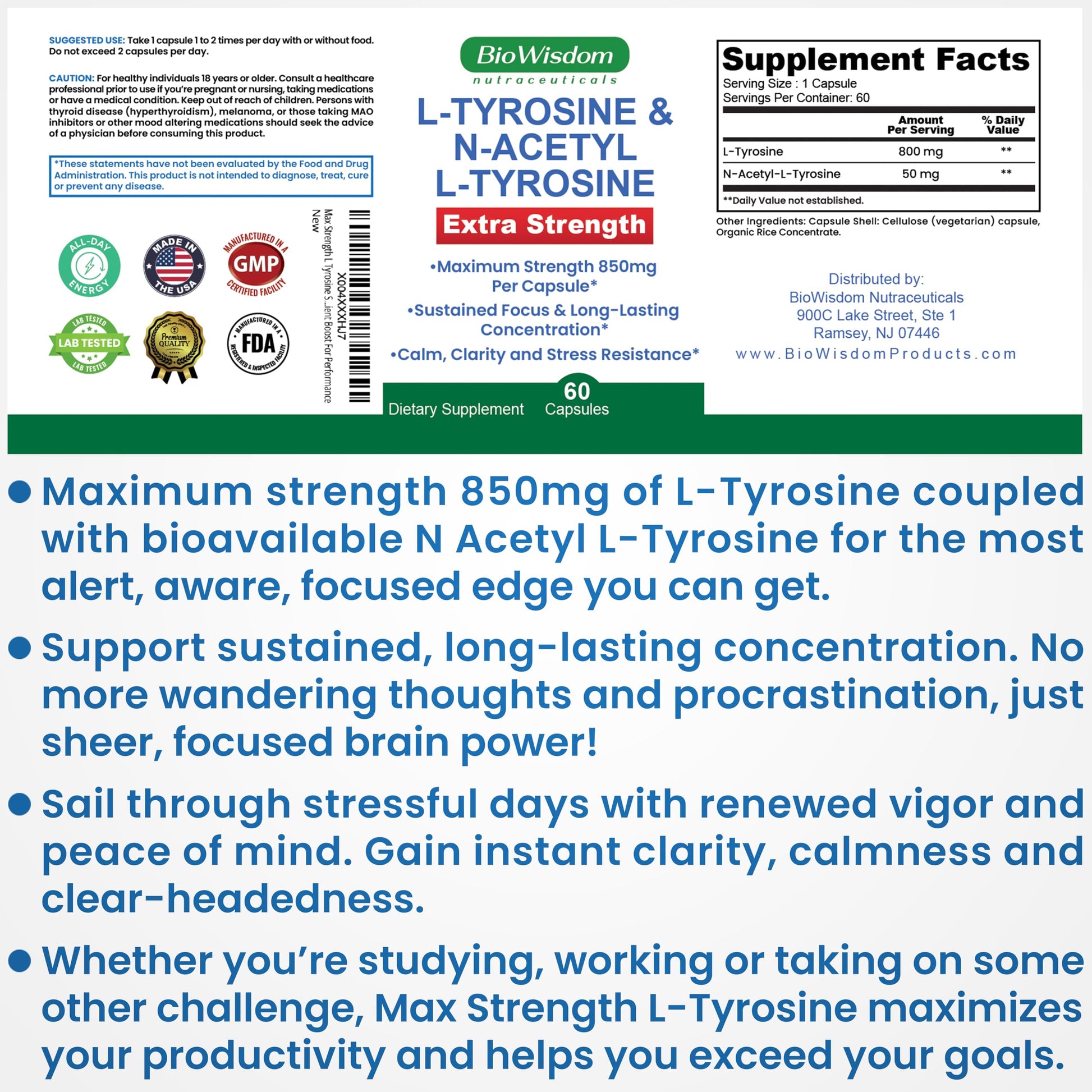 Max Strength L Tyrosine Supplement & N Acetyl L Tyrosine Peak Focus, Alertness, Concentration, Body & Mind Energy. L-Tyrosine 850mg Per 1 Capsule. A Well-Being Nutrient Boost For Performance BioWisdom Nutraceuticals buy australia supplements