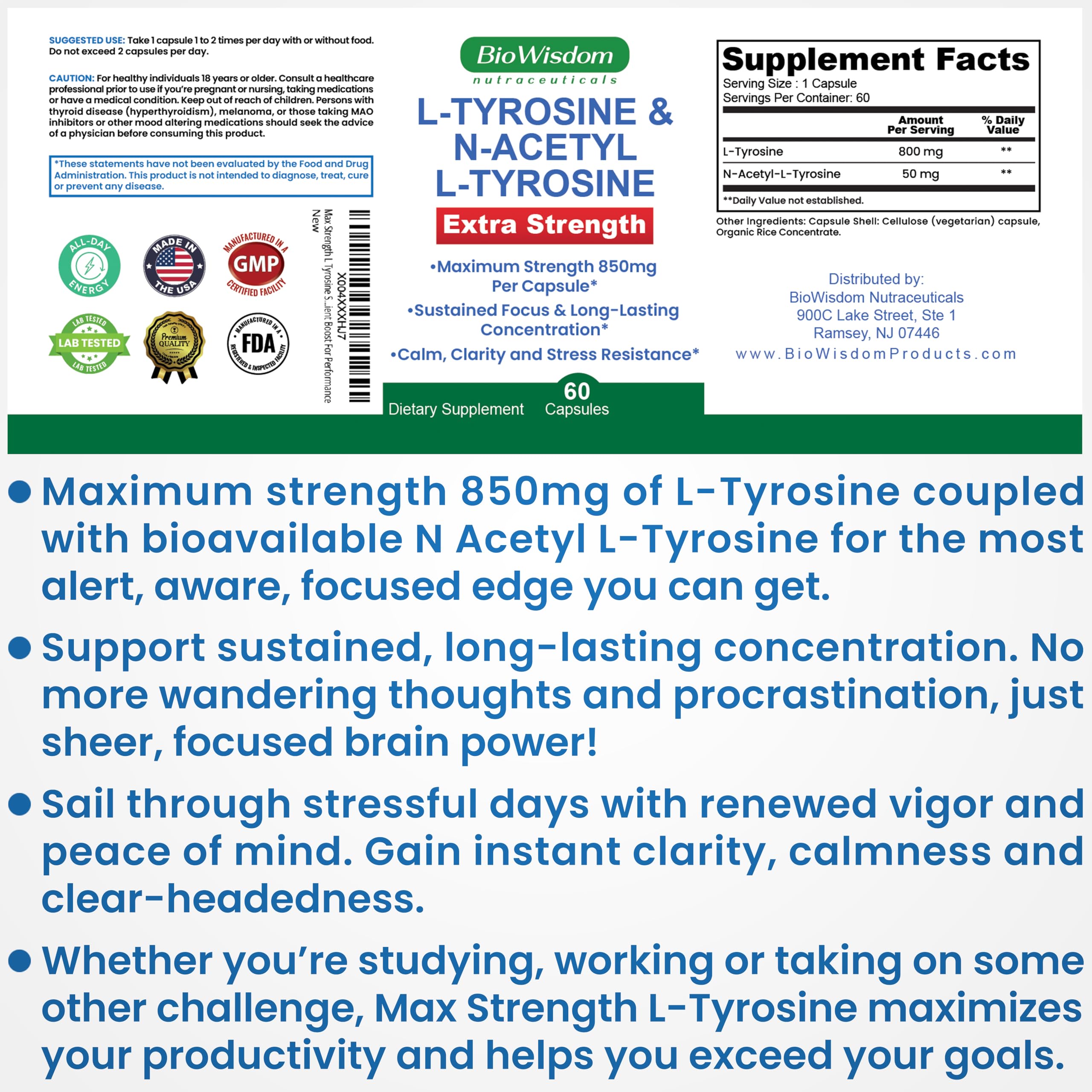 Max Strength L Tyrosine Supplement & N Acetyl L Tyrosine Peak Focus, Alertness, Concentration, Body & Mind Energy. L-Tyrosine 850mg Per 1 Capsule. A Well-Being Nutrient Boost For Performance BioWisdom Nutraceuticals buy australia supplements
