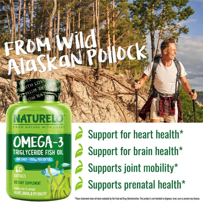 NATURELO Burpless Omega 3 Fish Oil Supplement - 1100mg Triglyceride Omega-3, EPA + DHA, Liquid Fish Oil for Heart, Eye, Brain, Joint Health NATURELO