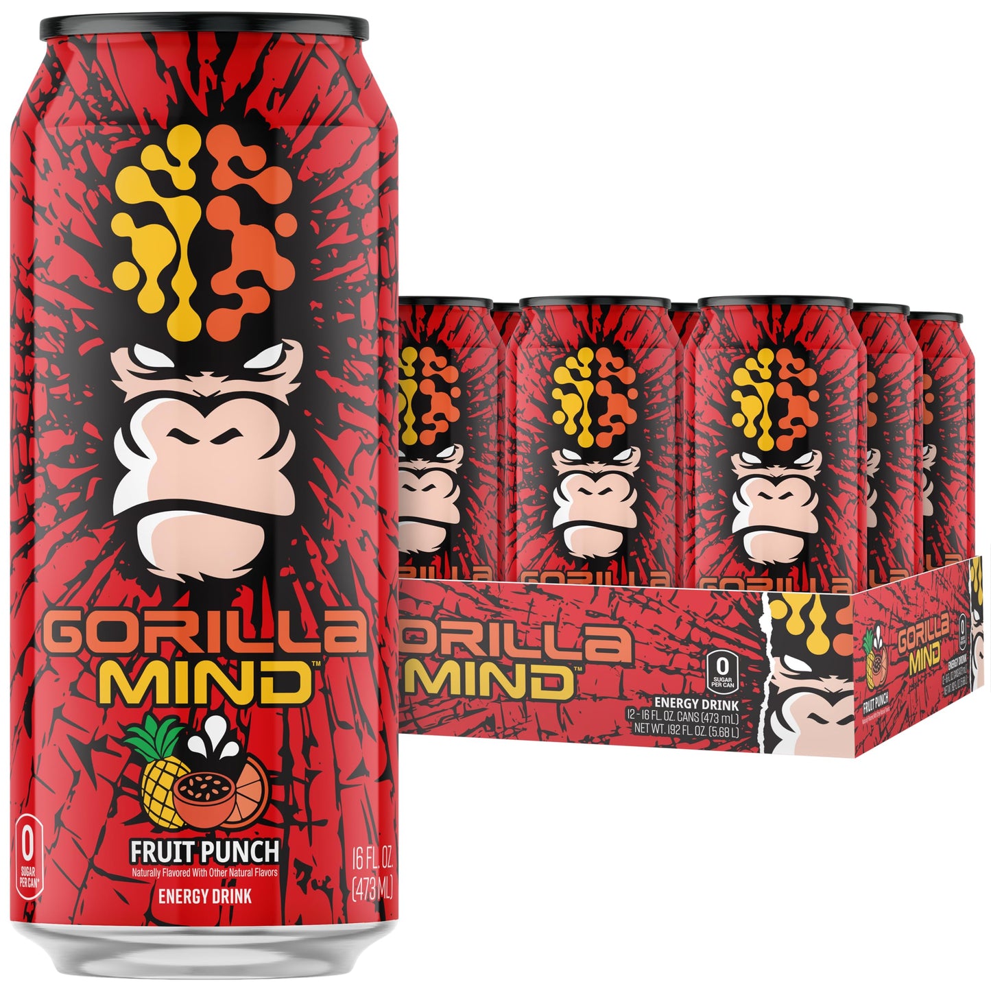 Gorilla Mind Energy Drink | Unmatched Energy · Amplified Focus | N-Acetyl-L-Tyrosine, Alpha-GPC, 200mg Caffeine, Uridine, Saffron | 0 Sugar Or Artificial Colors | 16oz, 12-Pack (Black Cherry Vanilla)