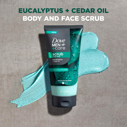 DOVE MEN + CARE Body and Face Scrub Eucalyptus Deeply Exfoliates for Hydrated & Nourished Skin 100% Gentle Cleanser, No Sulfate Cleansers or Parabens 9 oz DOVE MEN + CARE