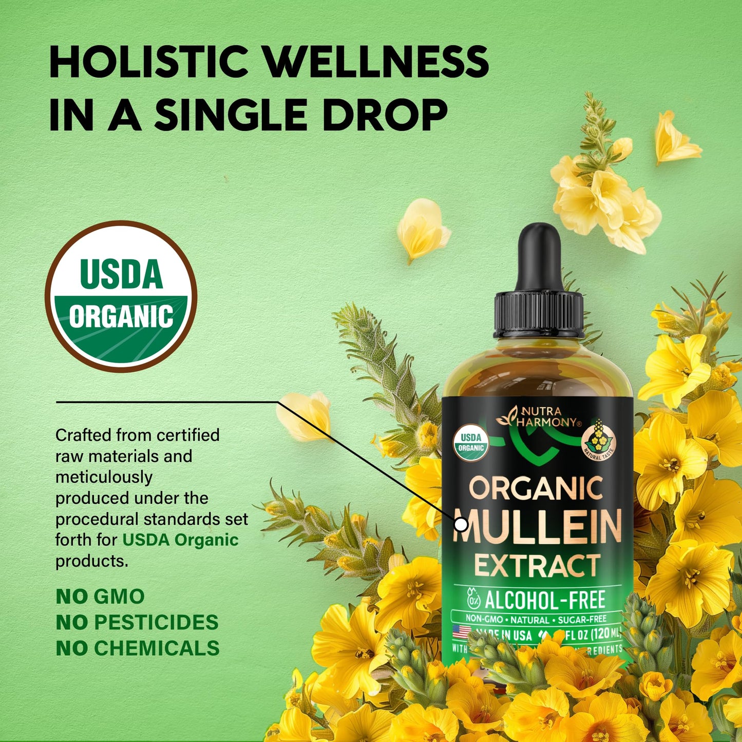 Mullein Drops for Lungs - USDA Organic Liquid - Mullein Leaf Extract Supplement - Made in USA - Lung & Bronchial Cleanse for Smokers - Respiratory Health Support NUTRAHARMONY