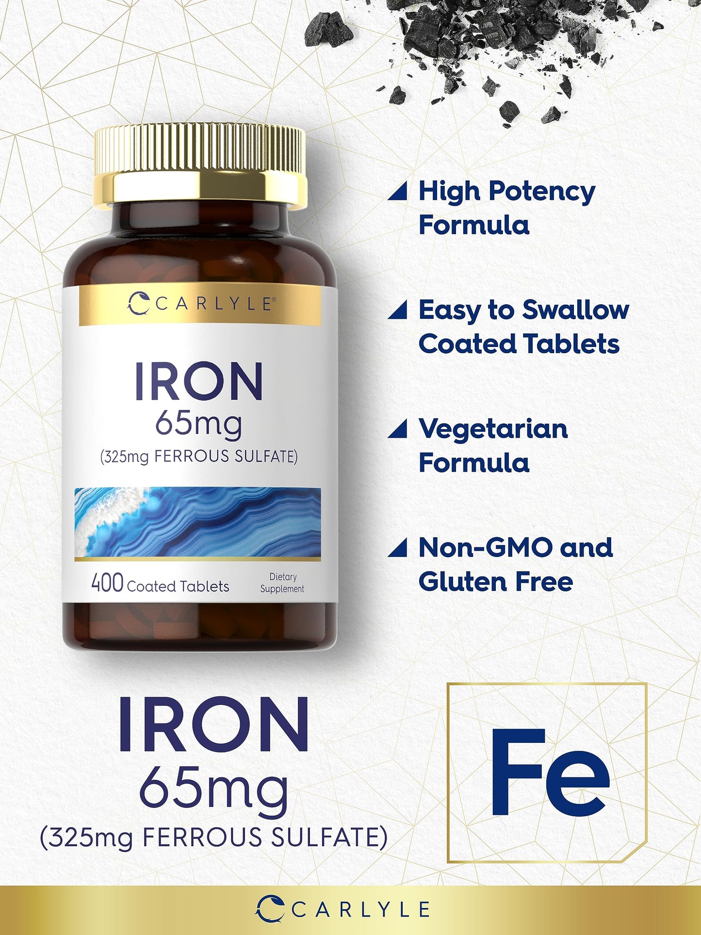 Carlyle Iron Ferrous Sulfate 325mg, 65 mg | 400 Tablets | Non-GMO, Gluten Free, and Vegetarian Supplement | High Potency Carlyle