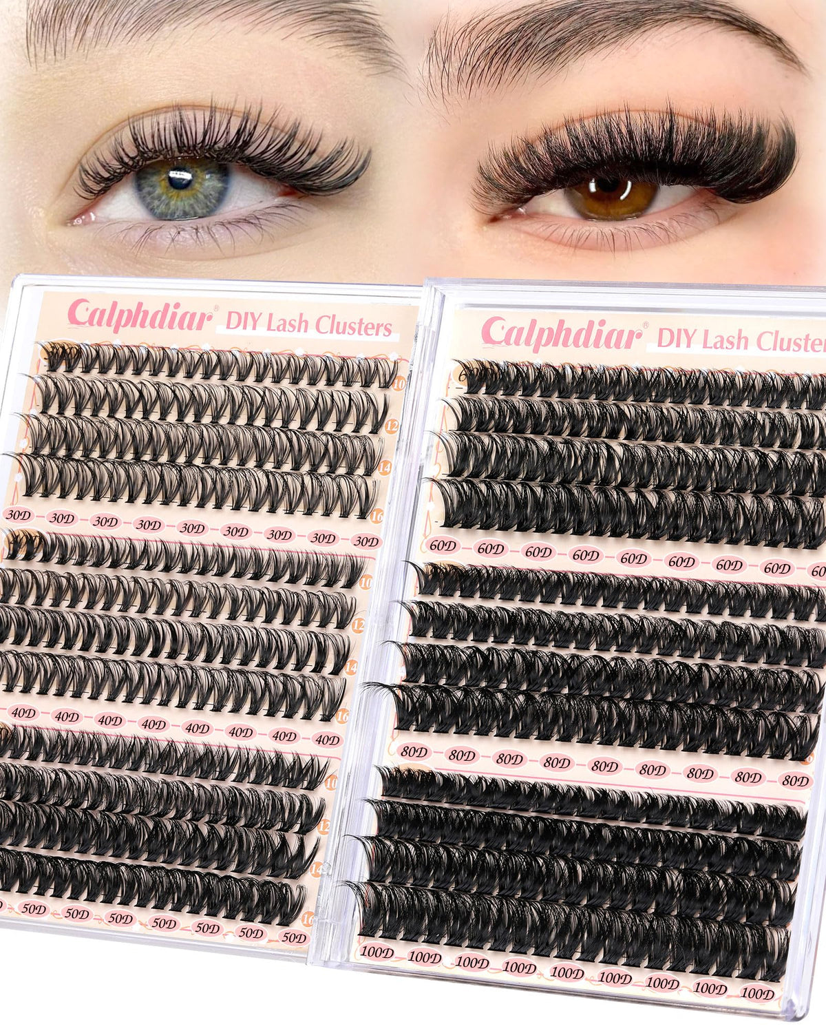 Calphdiar Eyelash Clusters 30D+40D+50D+60D+80D+100D Lash Clusters Wispy Individual Lashes 476PCS D-curly Lash Extension 10-16MM Natural Lashes Clusters DIY Cluster Eyelash Extensions calphdiar
