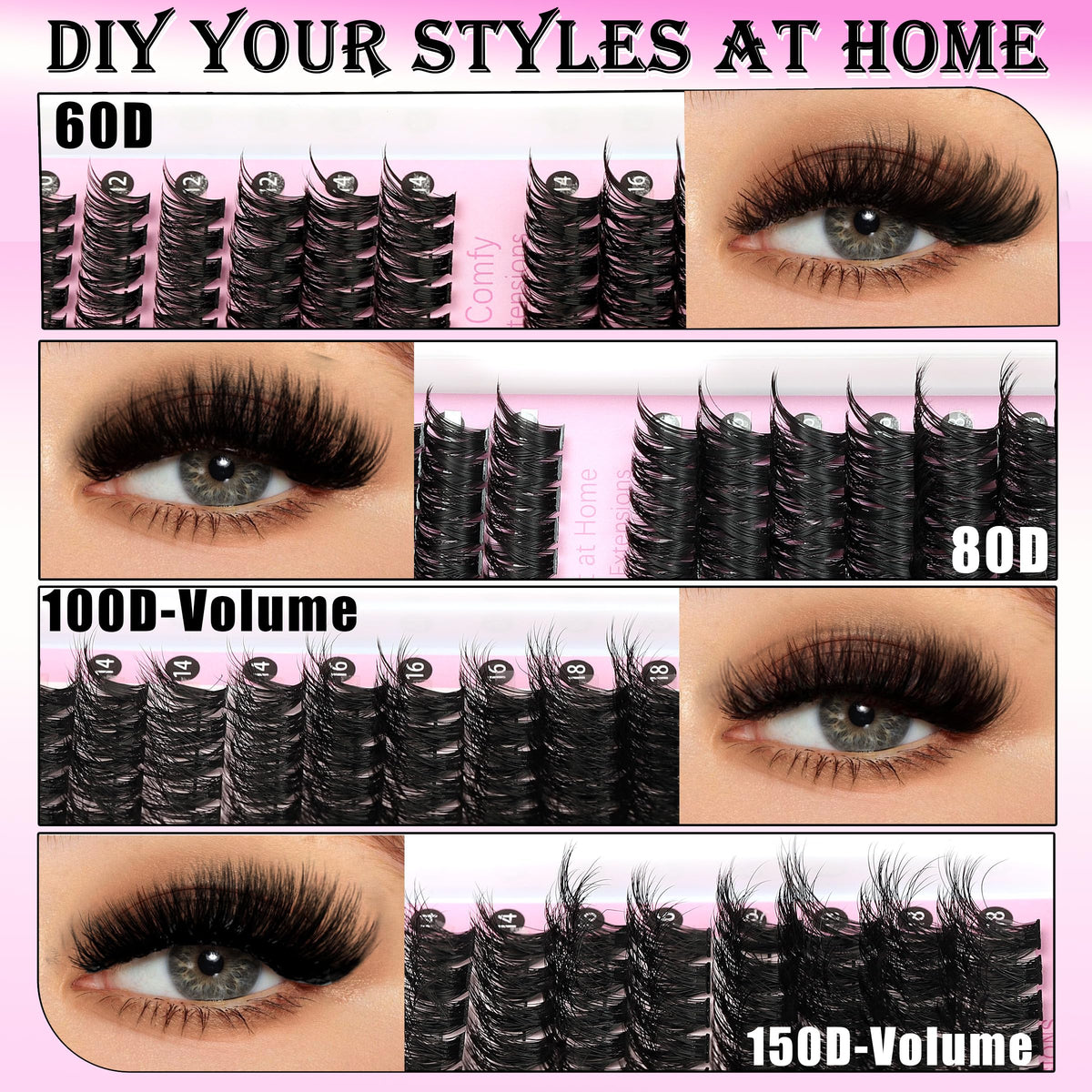 YIDUO 4 Styles Lash Clusters Kit 60D+80D+100D+150D Volume Clusters Lashes Extensions Kit with 2 X Bond and Seal 10-18mm Wispy D Curvature Full Individual Eyelash Extensions Kit DIY at Home Easily YIDUO