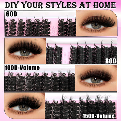 YIDUO 4 Styles Lash Clusters Kit 60D+80D+100D+150D Volume Clusters Lashes Extensions Kit with 2 X Bond and Seal 10-18mm Wispy D Curvature Full Individual Eyelash Extensions Kit DIY at Home Easily YIDUO
