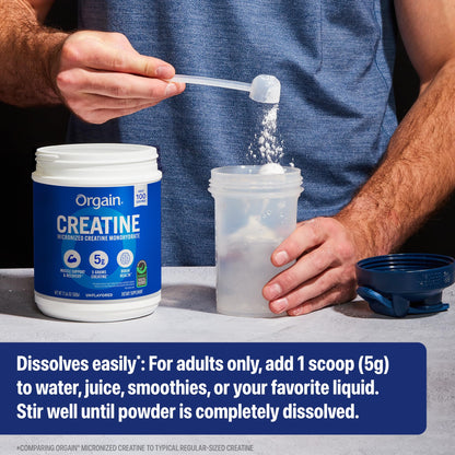 Orgain Creatine Monohydrate Micronized Powder, 100 Servings, Unflavored, Supports Muscle Growth, Post Workout Recovery and Brain Health, No Artificial Additives Orgain