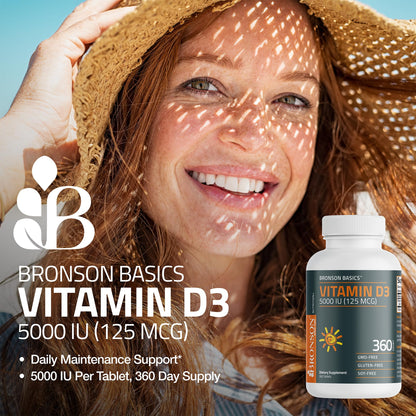 Bronson Vitamin D3 5000iu (125mcg) Healthy Muscle Function and Immune Support, Non-GMO, 360 Tablets Bronson