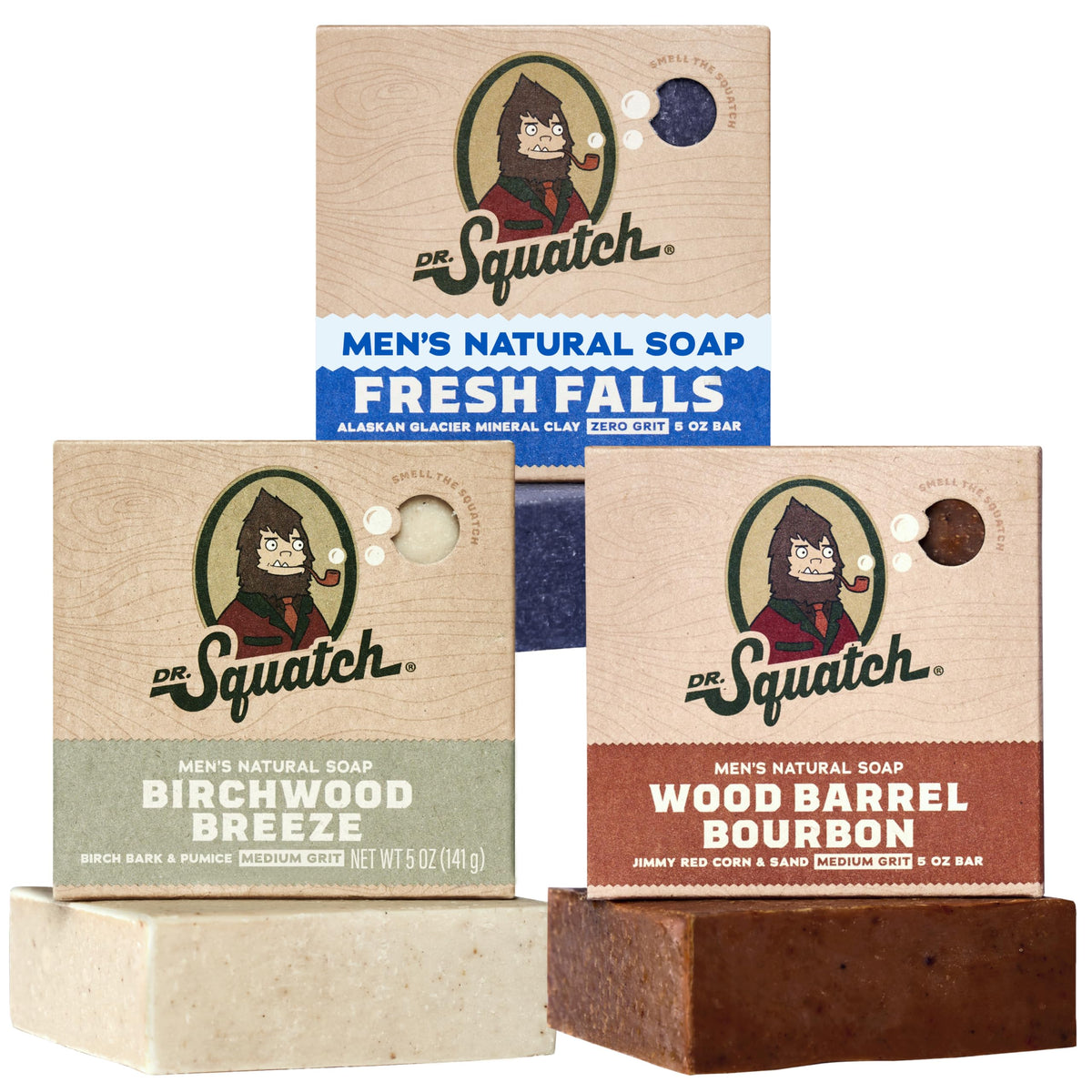 Dr. Squatch Natural Men’s Bar Soap - Cold Process Body Soap Bar with Natural Oils - Gifts for Men - Birchwood Breeze, Fresh Falls & Wood Barrel Bourbon (5 oz, 3-Pack) Dr. Squatch