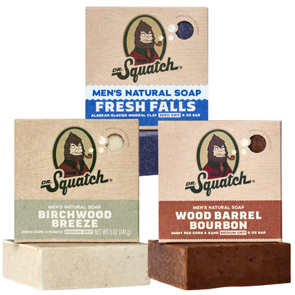 Dr. Squatch Natural Men’s Bar Soap - Cold Process Body Soap Bar with Natural Oils - Gifts for Men - Birchwood Breeze, Fresh Falls & Wood Barrel Bourbon (5 oz, 3-Pack) Dr. Squatch