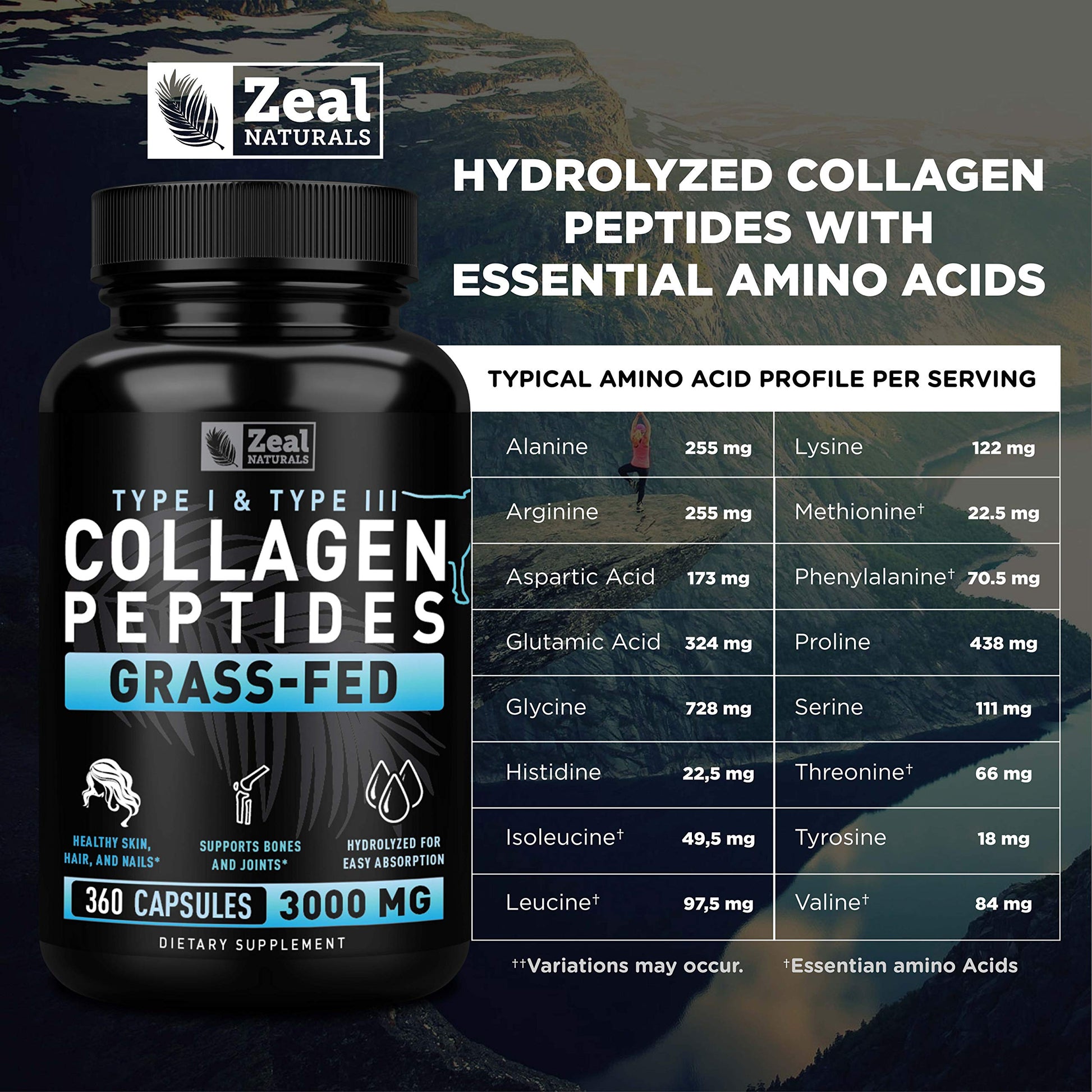 Zeal Naturals Collagen Peptides Collagen Pills (360 Capsules) Grass Fed Collagen Pepetide Powder - Hydrolyzed Collagen Powder for JointTendon SupplementHair Skin and Nails - Zeal Naturals buy australia supplements