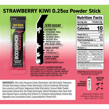 BODYARMOR Flash IV Electrolyte Packets, Strawberry Kiwi - Zero Sugar Drink Mix, Single Serve Packs, Coconut Water Powder (15 Count) BODYARMOR