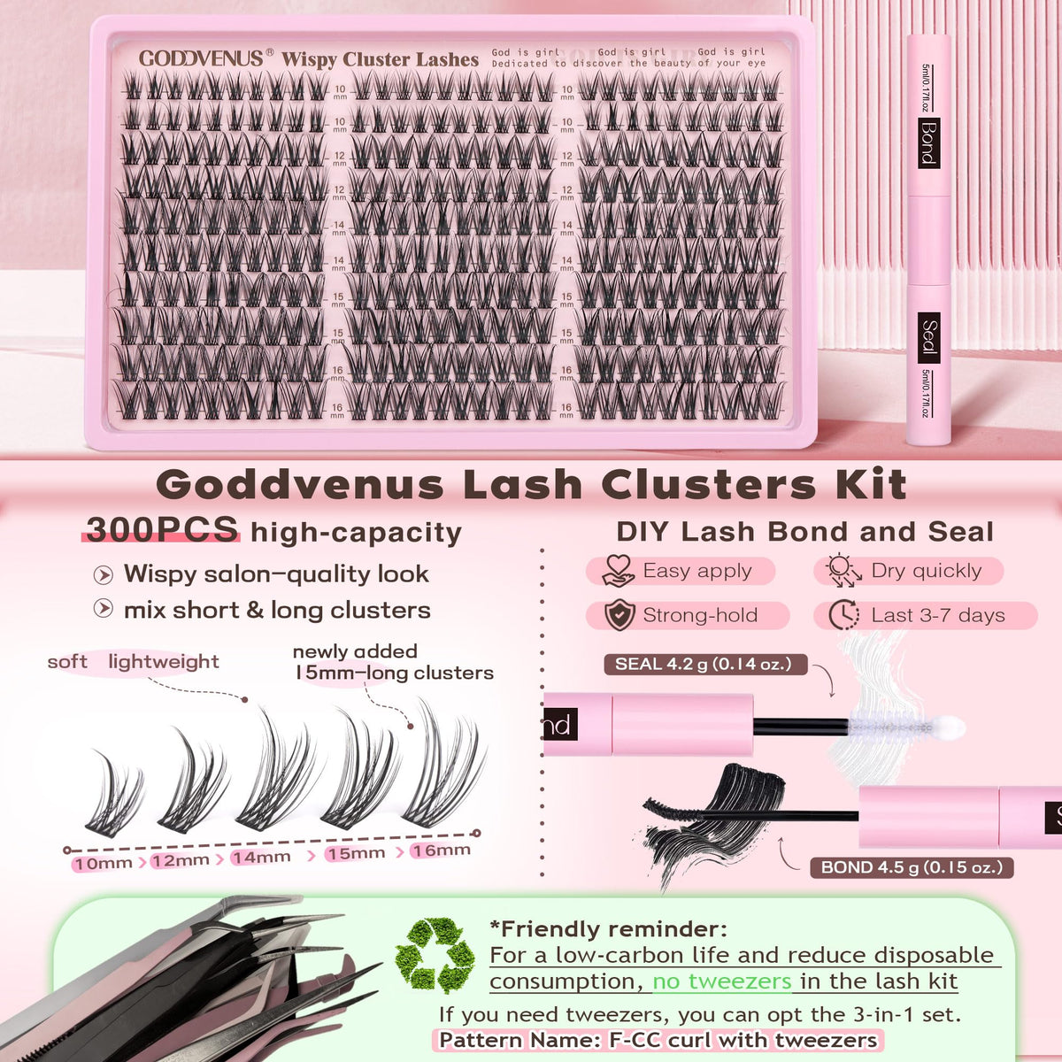 Goddvenus Lash Clusters Kit Wispy Eyelash Clusters Lashes Natural DIY Lash Extension Kit 10-16mm Cluster Eyelash Extensions Kit 300pcs C Curl Individual Lashes Cluster Eyelash (No Tweezers) Goddvenus