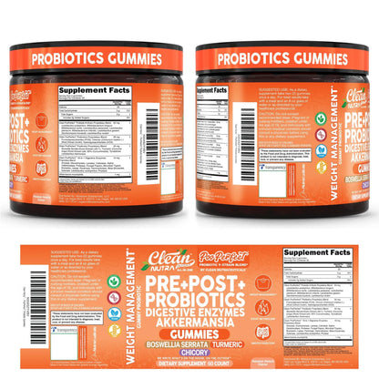 Clean Nutra Prebiotic Postbiotic Digestive Enzymes Gummies with Chicory Root, Boswellia Serrata, Turmeric, and Akkermansia | Pre+Post Probiotics Supplement Clean Nutraceuticals