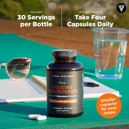 Vital Vitamins Creatine Monohydrate Pills, 3g for Women & Men | Supports Muscle Health, Energy & Cognitive Clarity, Micronized, Easy to Swallow, Non-GMO, 120 Capsules Gsupps Australia