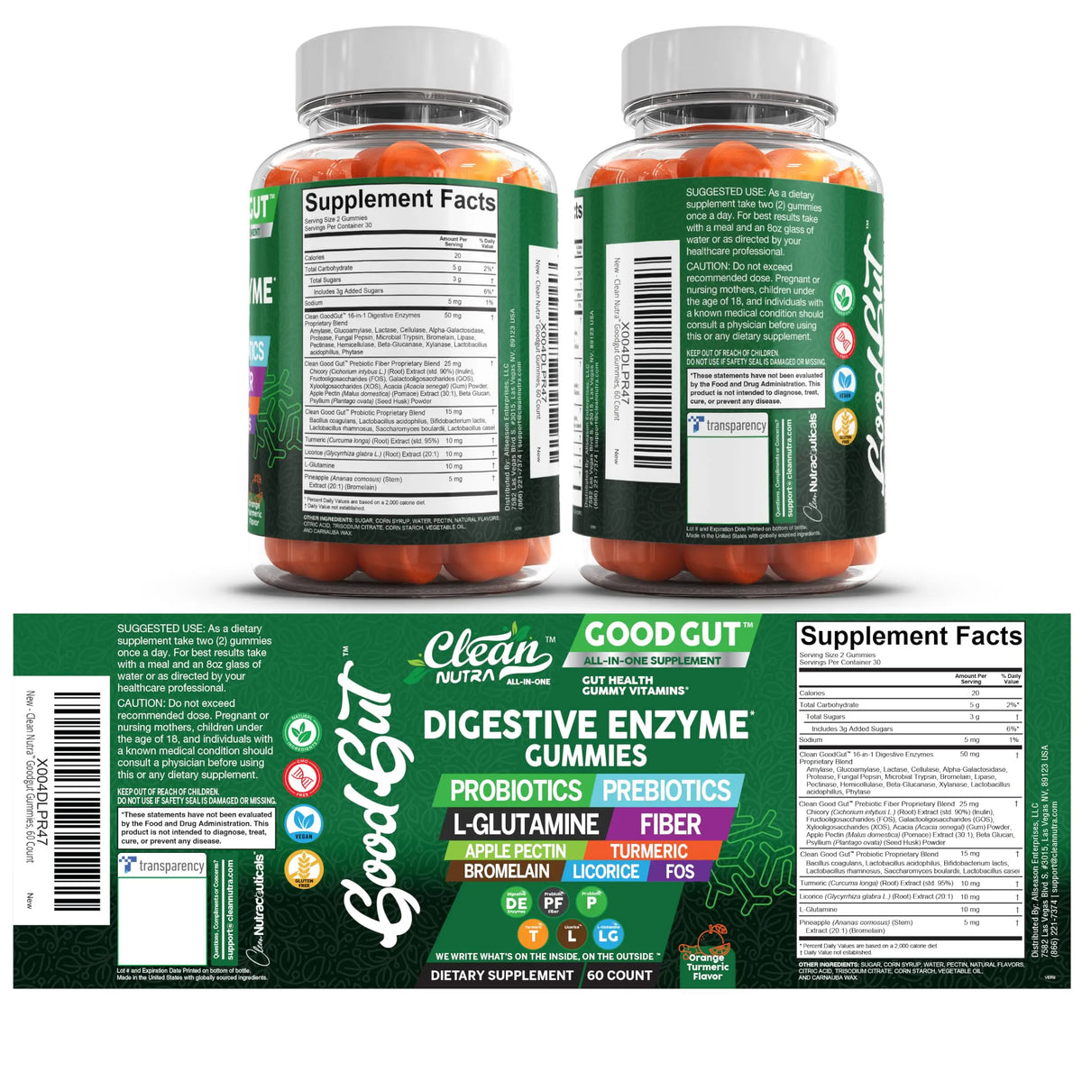 Clean Nutraceuticals Digestive Enzymes with Probiotics & Prebiotics for Digestive Health Gummies & L-Glutamine for Gut Health Bromelain Apple Pectin Inulin FOS Plant Clean Nutraceuticals