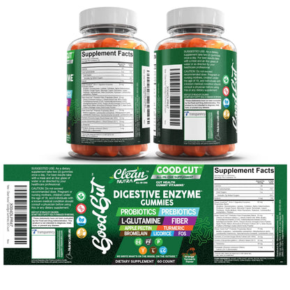 Clean Nutraceuticals Digestive Enzymes with Probiotics & Prebiotics for Digestive Health Gummies & L-Glutamine for Gut Health Bromelain Apple Pectin Inulin FOS Plant Clean Nutraceuticals
