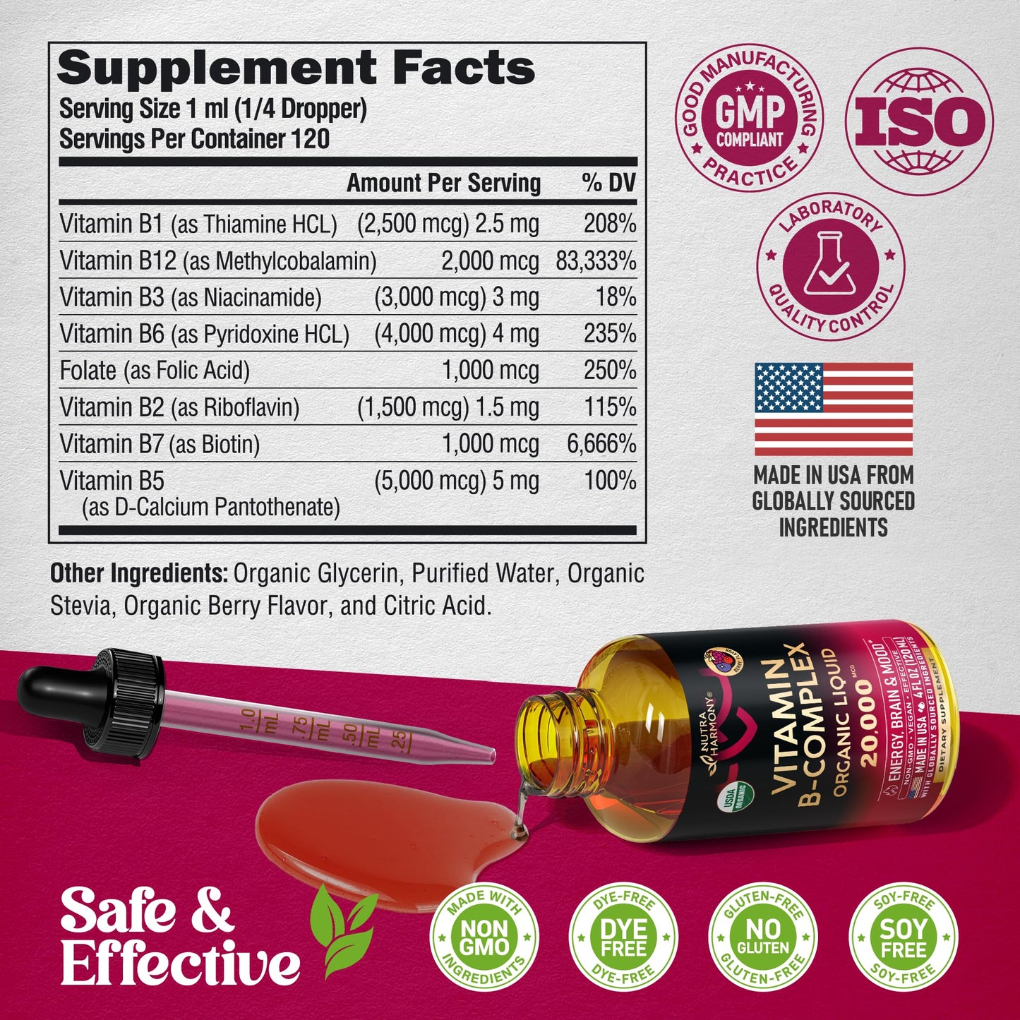 USDA Organic Vitamin B-Complex B5 Pantothenic Acid | B12 Methylcobalamin | B1 Thiamine | B6 Pyridoxine | B7 Biotin | B9 Folic | B3 Niacinamide NUTRAHARMONY