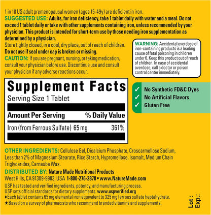 Nature Made Iron 65 mg (325 mg Ferrous Sulfate) Tablets, 180 Tablets | Iron Supplements for Men and Women with an Iron Deficiency, Dietary Supplement for Red Blood Cell Support, 180 Day Supply Gsupps Australia