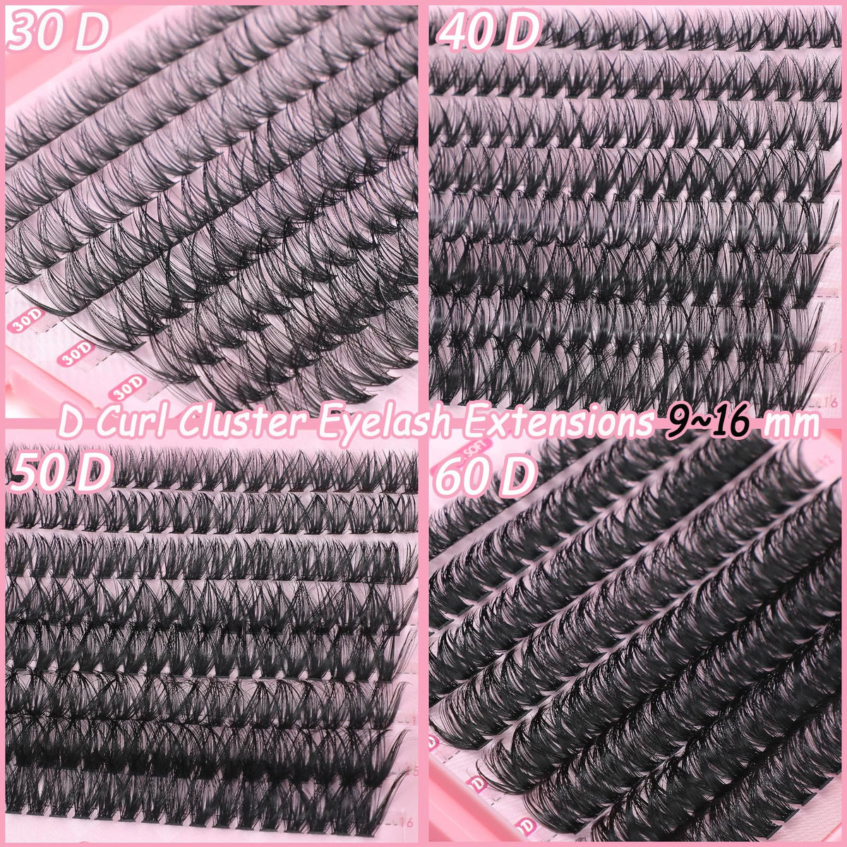 OLLAVO Lash Clusters Kit, 640 Pcs Eyelashes Clusters Extensions, 9-16mm Individual Lashes D Curl Fluffy Wispy 1 Eyelashes Thin Band with Bond Seal Tweezers Brush DIY (30D+40D+50D+60D Kit 9-16mm) OLLAVO