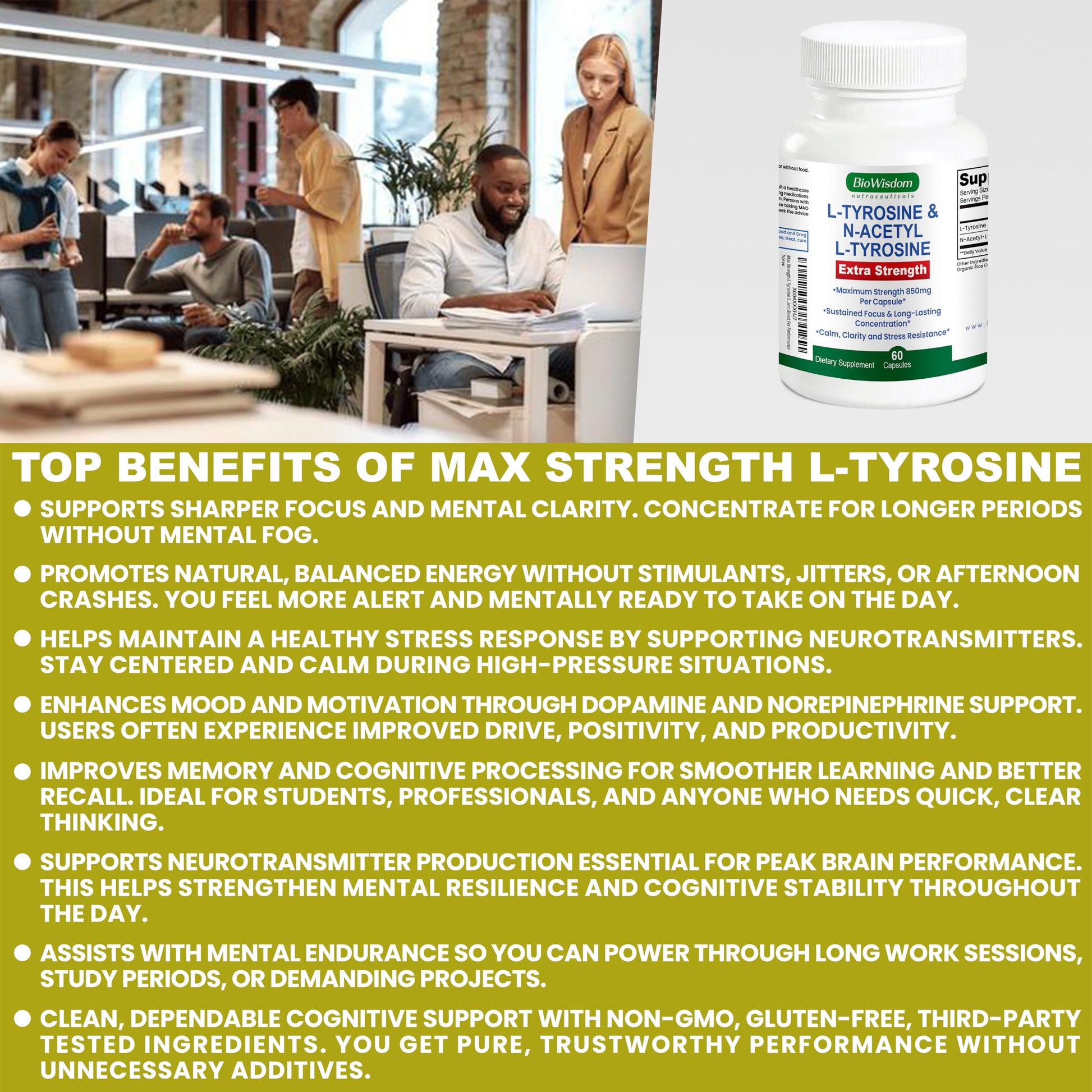 Max Strength L Tyrosine Supplement & N Acetyl L Tyrosine Peak Focus, Alertness, Concentration, Body & Mind Energy. L-Tyrosine 850mg Per 1 Capsule. A Well-Being Nutrient Boost For Performance BioWisdom Nutraceuticals buy australia supplements