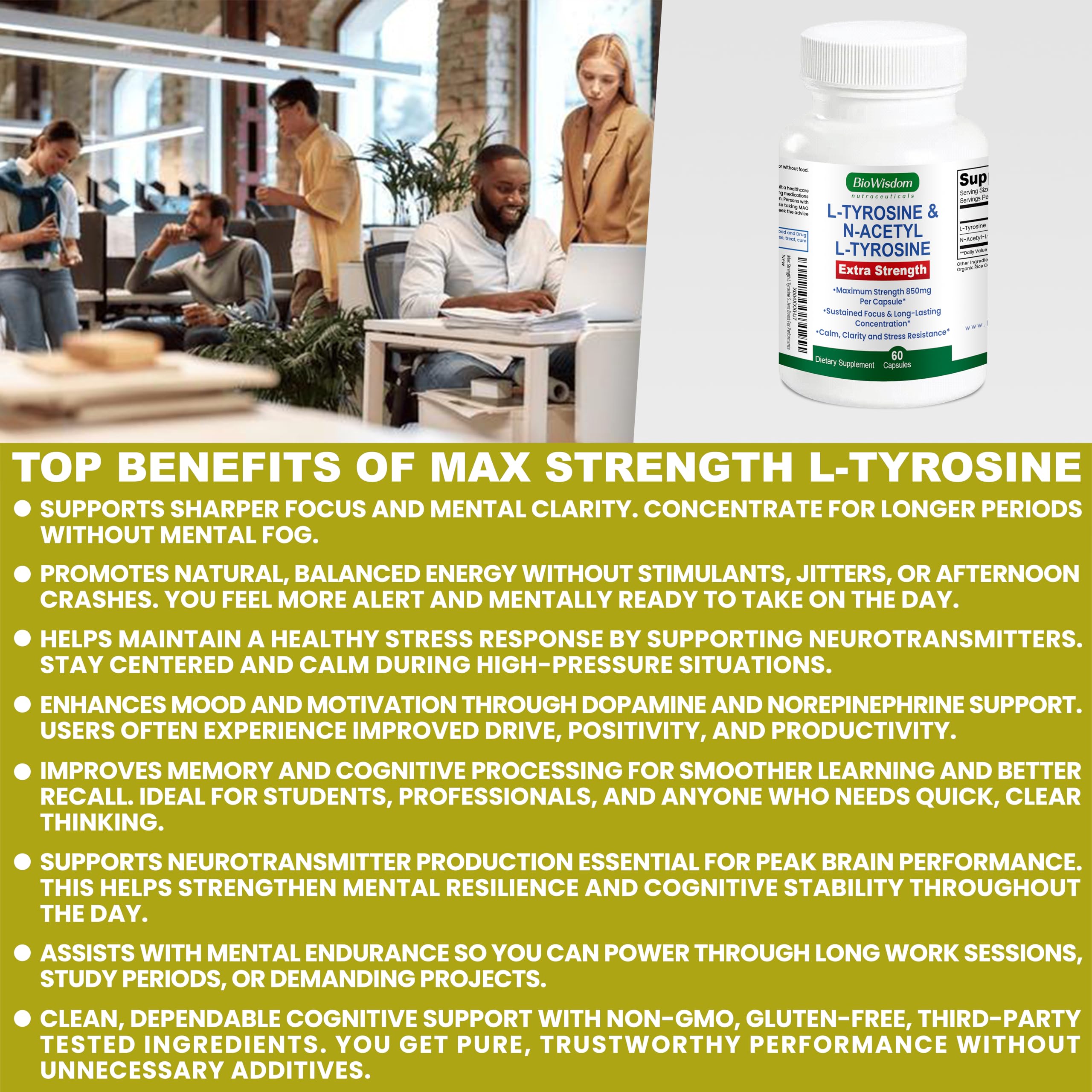 Max Strength L Tyrosine Supplement & N Acetyl L Tyrosine Peak Focus, Alertness, Concentration, Body & Mind Energy. L-Tyrosine 850mg Per 1 Capsule. A Well-Being Nutrient Boost For Performance BioWisdom Nutraceuticals buy australia supplements