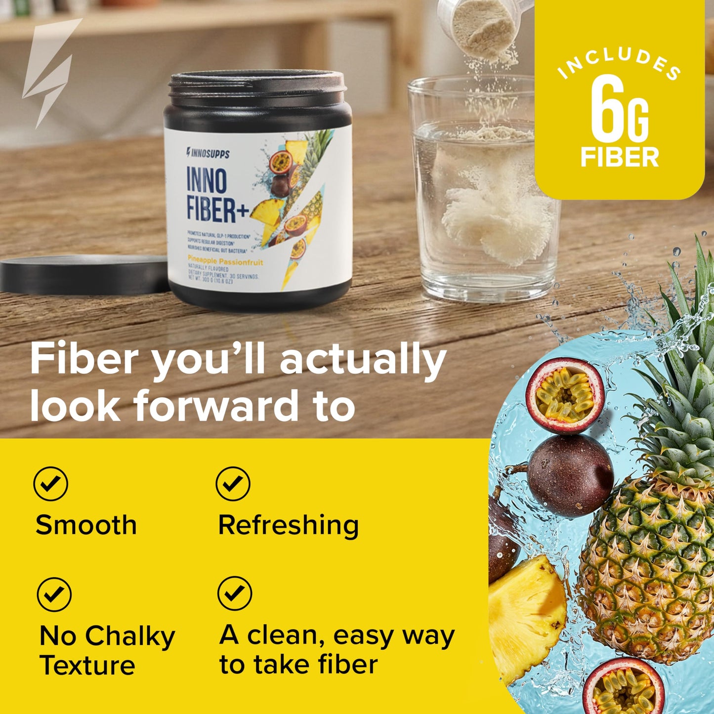 Inno Fiber+ 6g Daily 3-in-1 Fiber Supplement + Prebiotic, Probiotic, and Postbiotic for Men & Women, Supports Digestive Health, Gut Health, 30 Servings