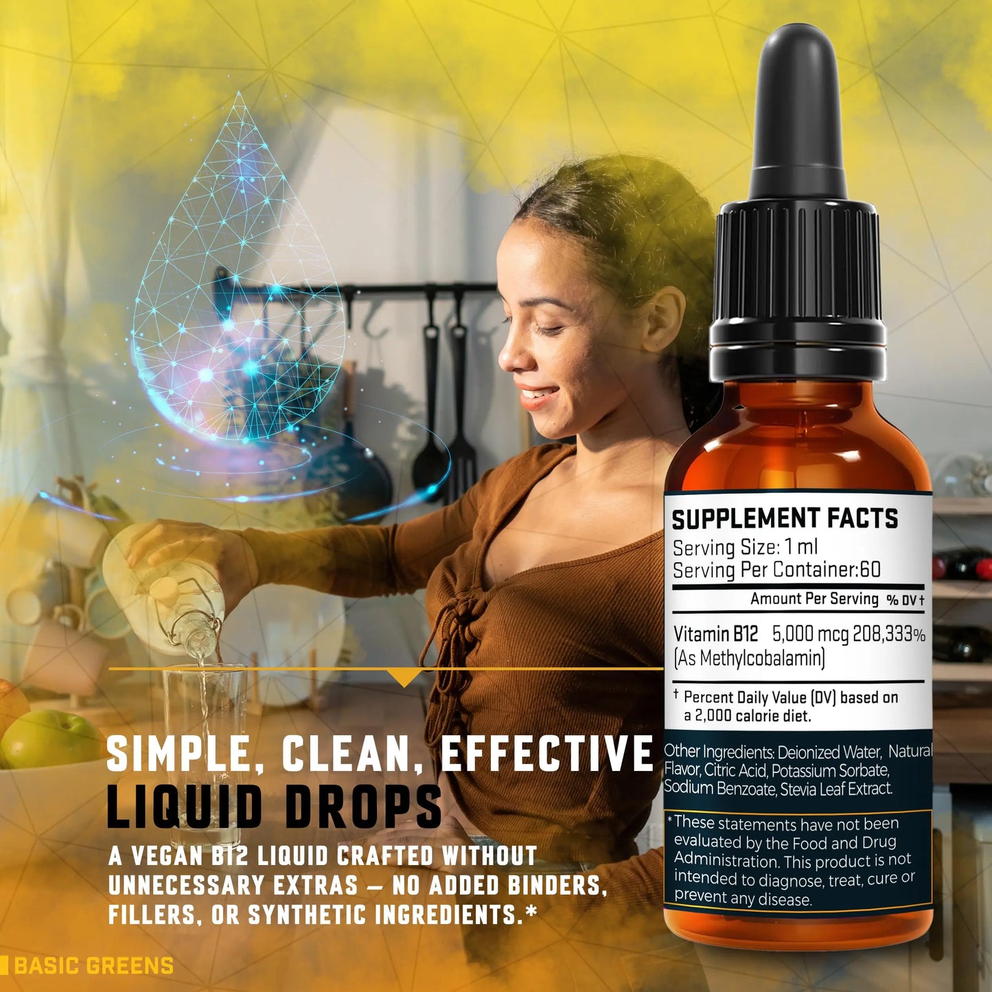 Vitamin B12 Sublingual Liquid Drops 5000 mcg – Vegan Methyl B-12 Supplement for Energy & Focus – B 12 Vitamin for Women & Men BASIC GREENS