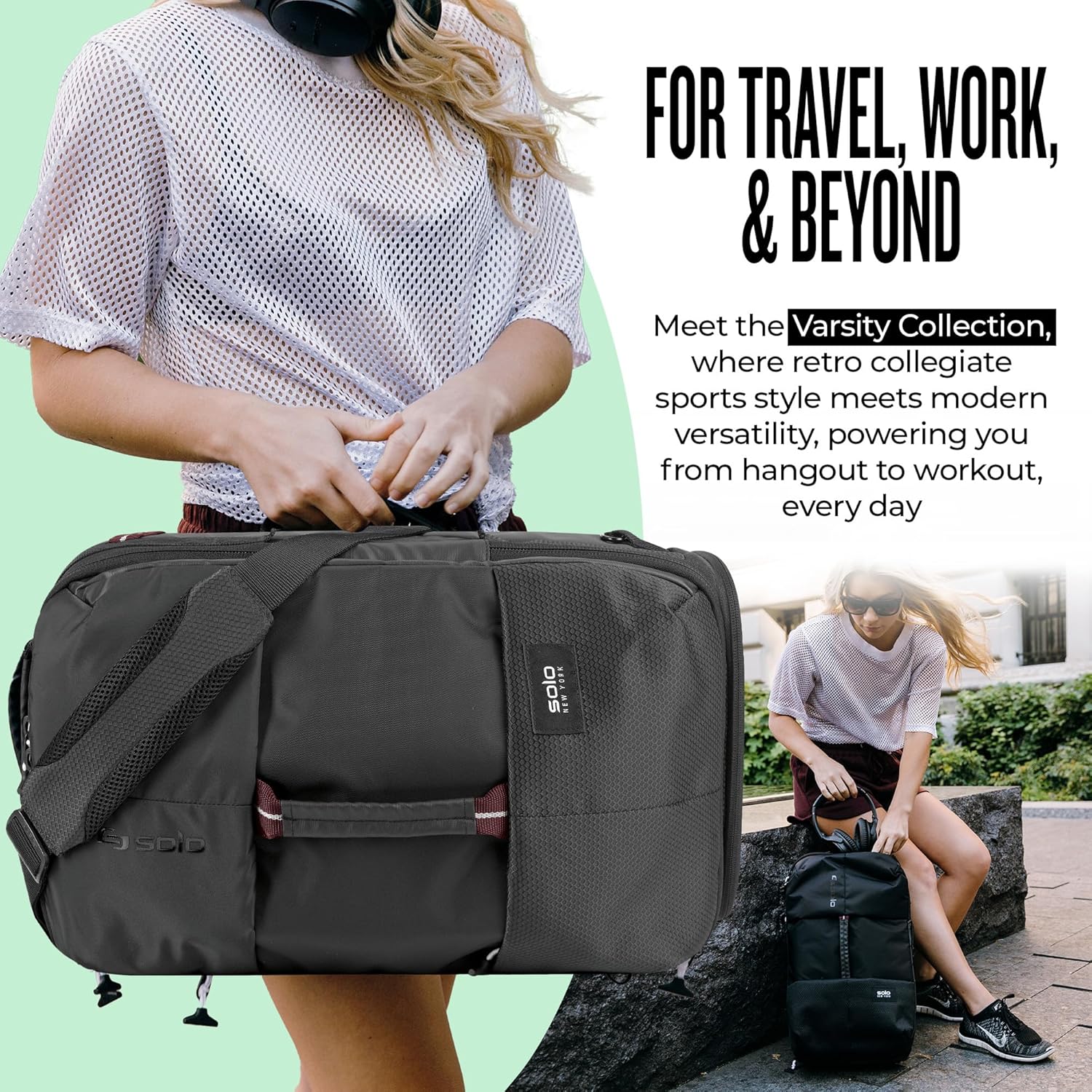 Solo New York Travel Backpack Duffel - Convertible Travel Duffle Bag for Men & Women, Carry On Size, Use for Gym, Flights, or Work, Separate Shoe Compartment, Padded Straps - All-Star, Black Gsupps Australia