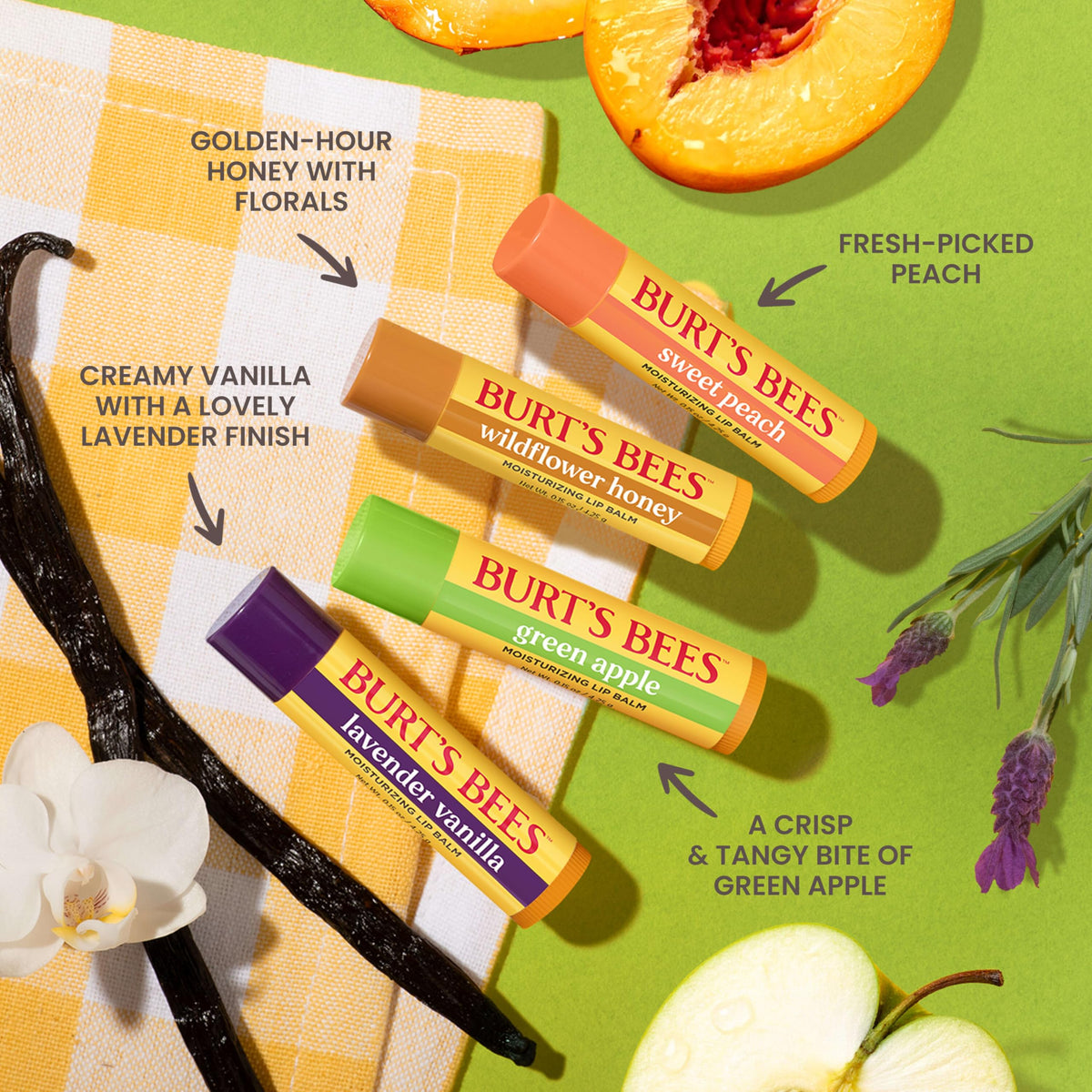 Burt's Bees Gifts Ideas - Garden Party Lip Balm Set, Lavender Vanilla, Sweet Peach, Green Apple, Wildflower Honey, With Responsibly Sourced Beeswax, Natural Origin Lip Treatment, 0.15 oz., Four Tubes Burt's Bees