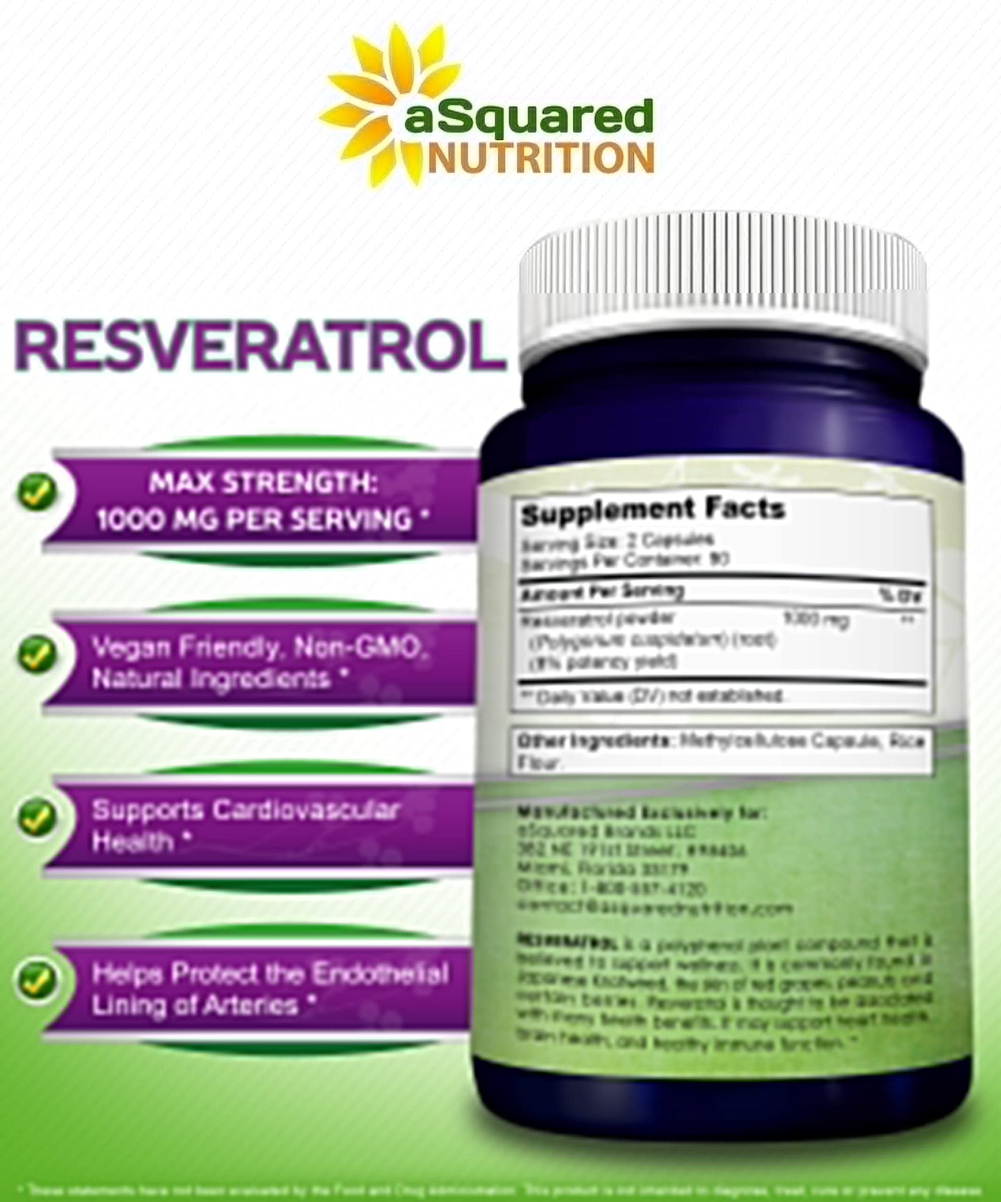 100% Natural Resveratrol - 1000mg Per Serving Max Strength (180 Capsules) Antioxidant Supplement, Trans-Resveratrol Pills aSquared Nutrition