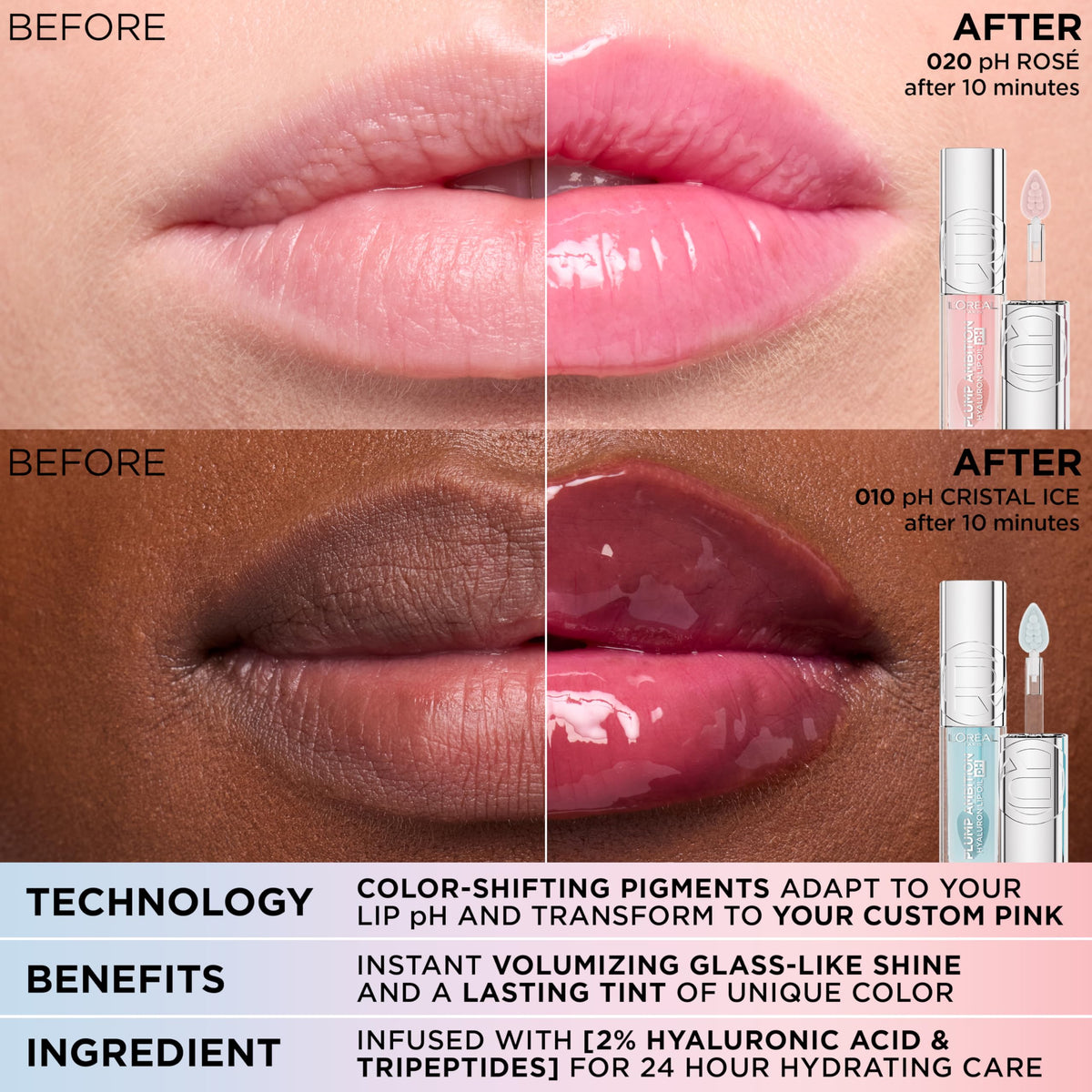 L'Oreal Paris Plump Ambition pH Hyaluron Lip Oil, Color Shifting Lip Tint with 24HR Hydration, Volumizing Shine and Lasting Color, 020 pH Rosé L'Oreal Paris
