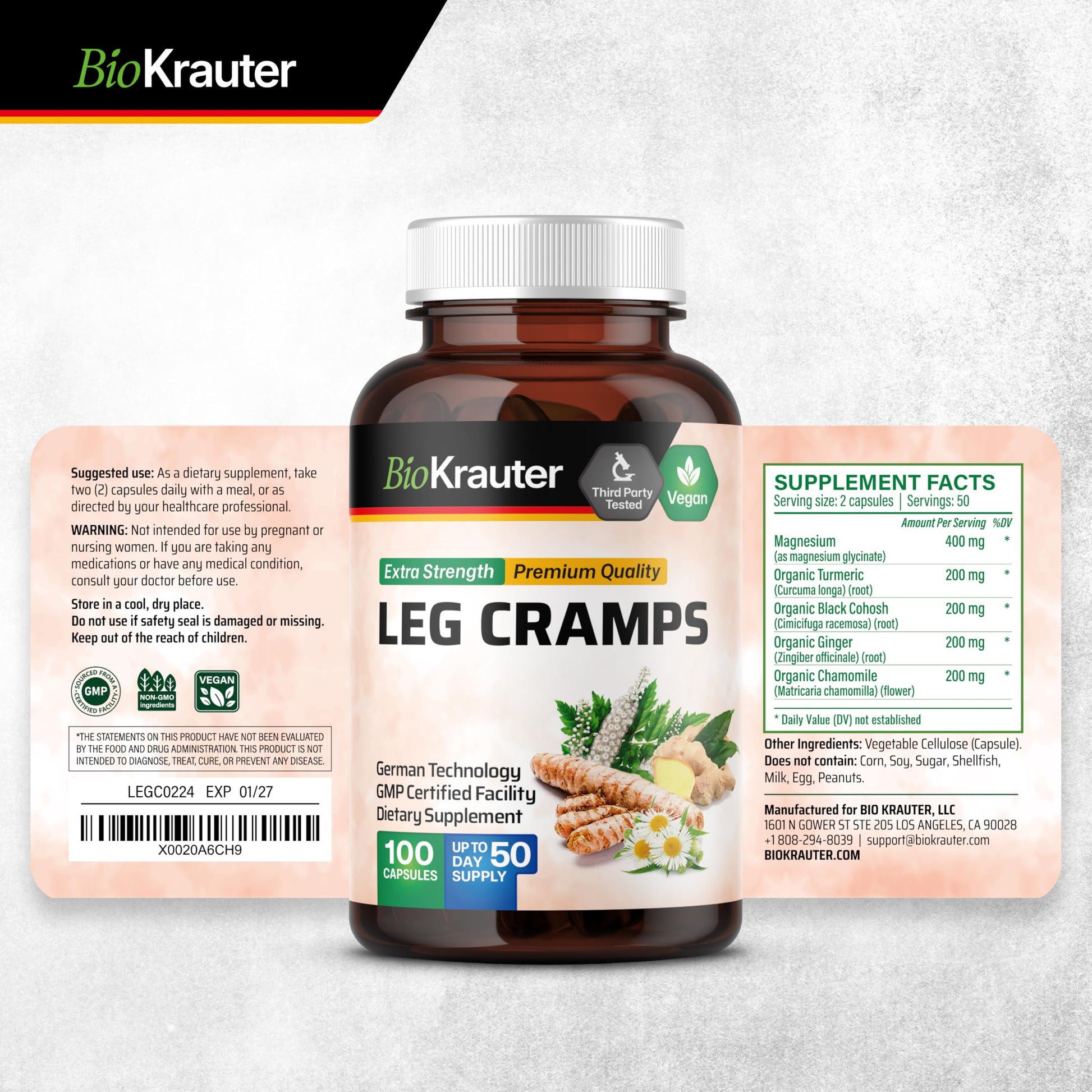 BIO KRAUTER® Magnesium Glycinate for Leg Сramps & Relax - 5-in-1 Formula Magnesium Glycinate 400mg with Turmeric, Black Cohosh, Ginger, Chamomile 1200 mg 100 Caps - No Fillers, Non-GMO, 50-Day Supply BIO KRAUTER buy australia supplements