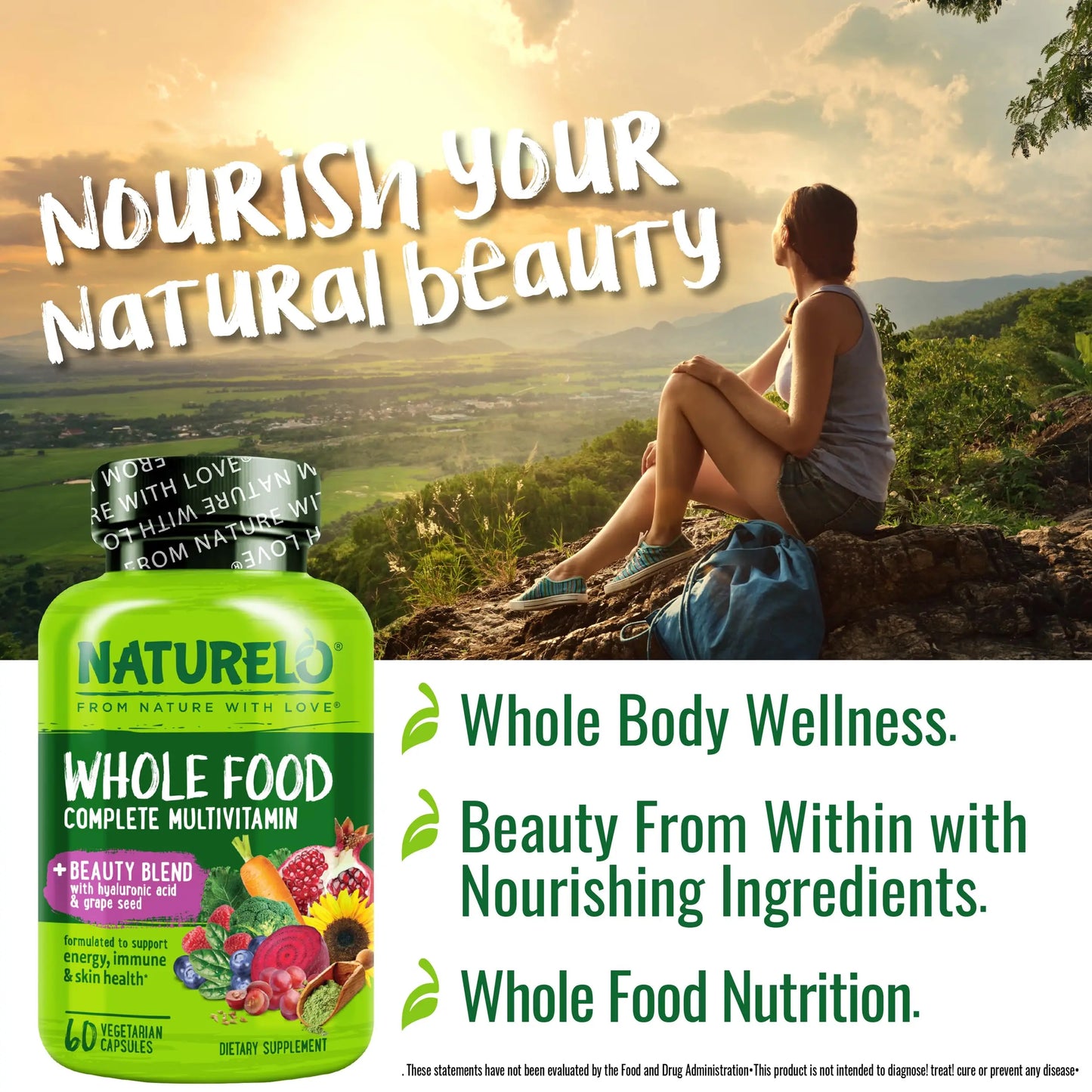 NATURELO Whole Food Multivitamin with Extra Hair, Skin and Nails Support - Beauty Blend with Hyaluronic Acid & Grape Seed - High Potency Biotin, Vitamin C NATURELO