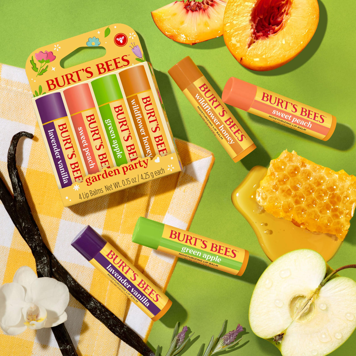 Burt's Bees Gifts Ideas - Garden Party Lip Balm Set, Lavender Vanilla, Sweet Peach, Green Apple, Wildflower Honey, With Responsibly Sourced Beeswax, Natural Origin Lip Treatment, 0.15 oz., Four Tubes Burt's Bees