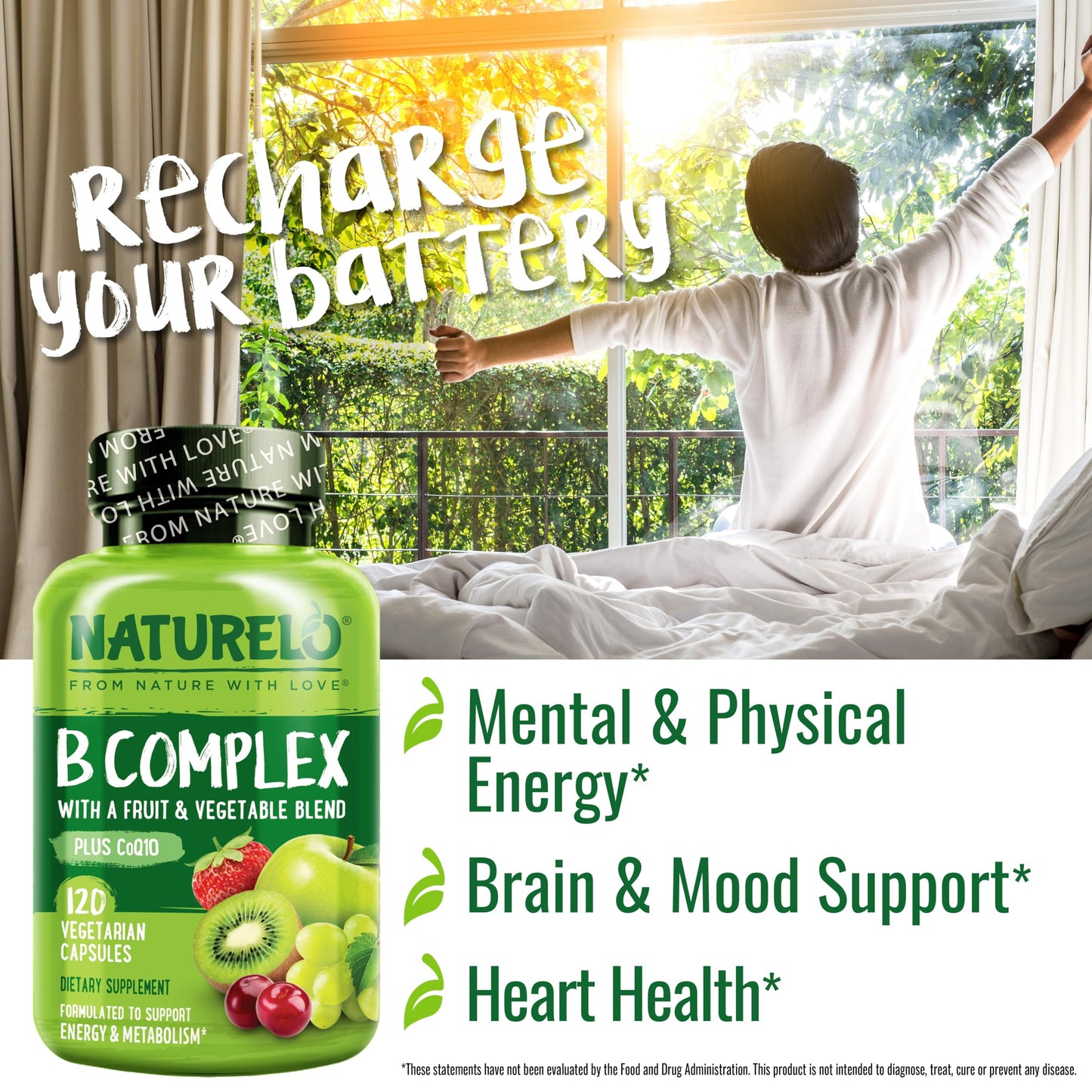 NATURELO Vitamin B Complex,120 Capsules, Vegan, CoQ10, Methyl Folate, Biotin, Fruit & Veg Blend, Supports Energy and Healthy Stress Response NATURELO
