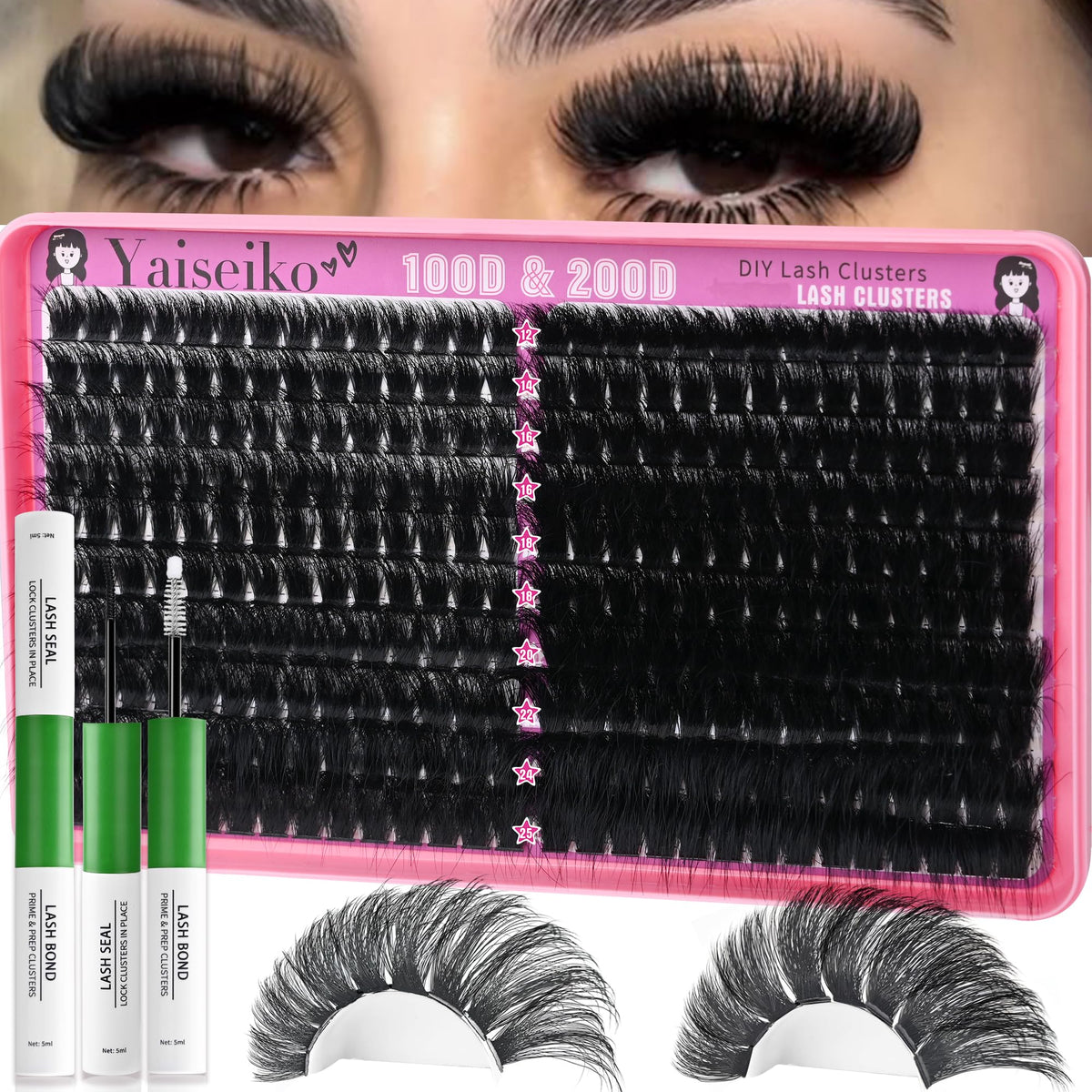 Yaiseiko Lash Clusters Kit 100D+200D Thick Volume Eyelash Clusters Kit 12-25mm Wispy Individual Lashes D Curl Long Cluster with Lash Bond and Seal Waterproof DIY Lash Extension Kit(KIT-280PCS) Yaiseiko