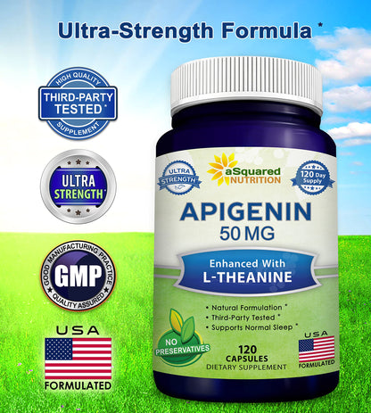 aSquared Nutrition Apigenin 50mg & L-Theanine 200mg - 120 Capsules - Apigenin Supplement Pills for Sleep and Relaxation aSquared Nutrition