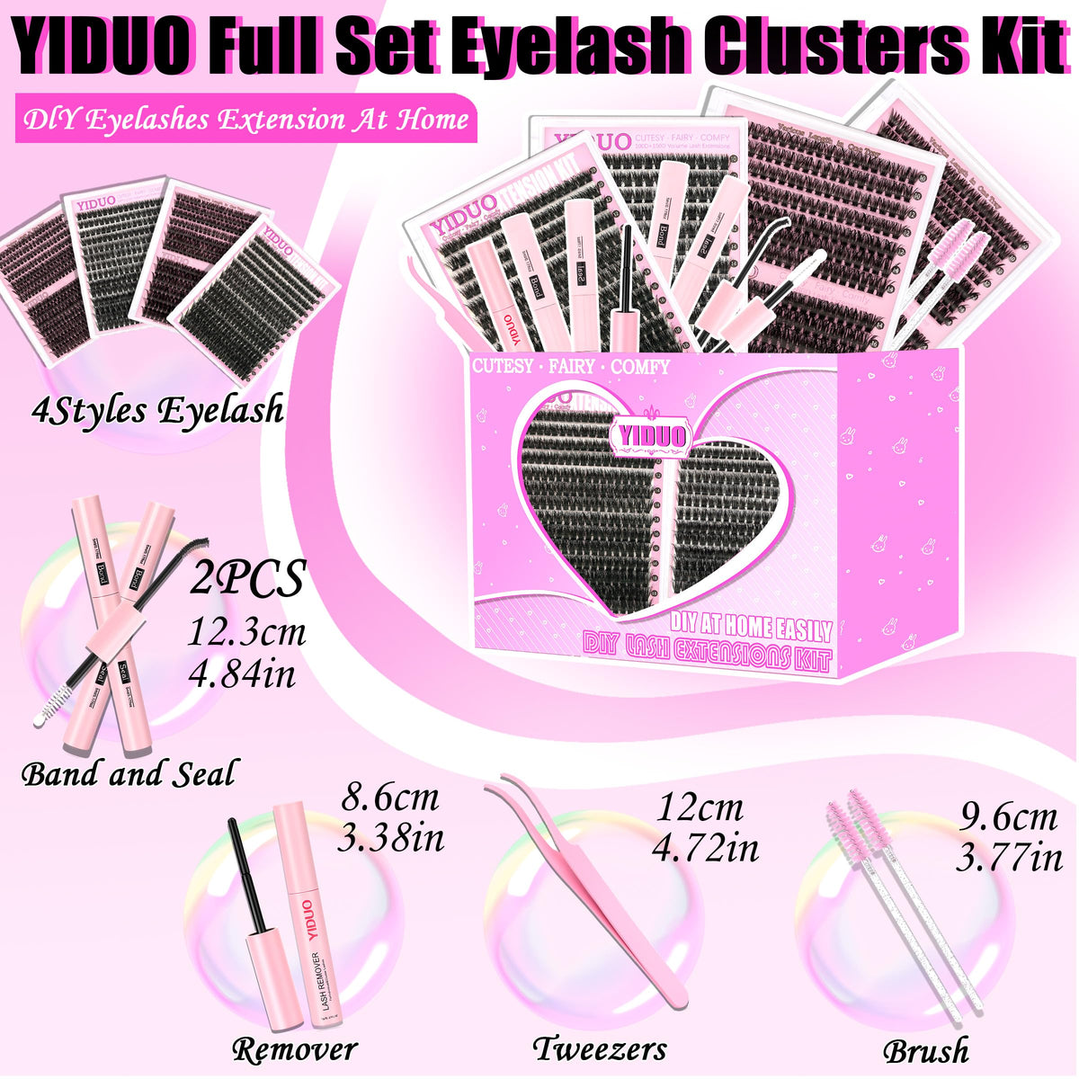 YIDUO 4 Styles Lash Clusters Kit 60D+80D+100D+150D Volume Clusters Lashes Extensions Kit with 2 X Bond and Seal 10-18mm Wispy D Curvature Full Individual Eyelash Extensions Kit DIY at Home Easily YIDUO