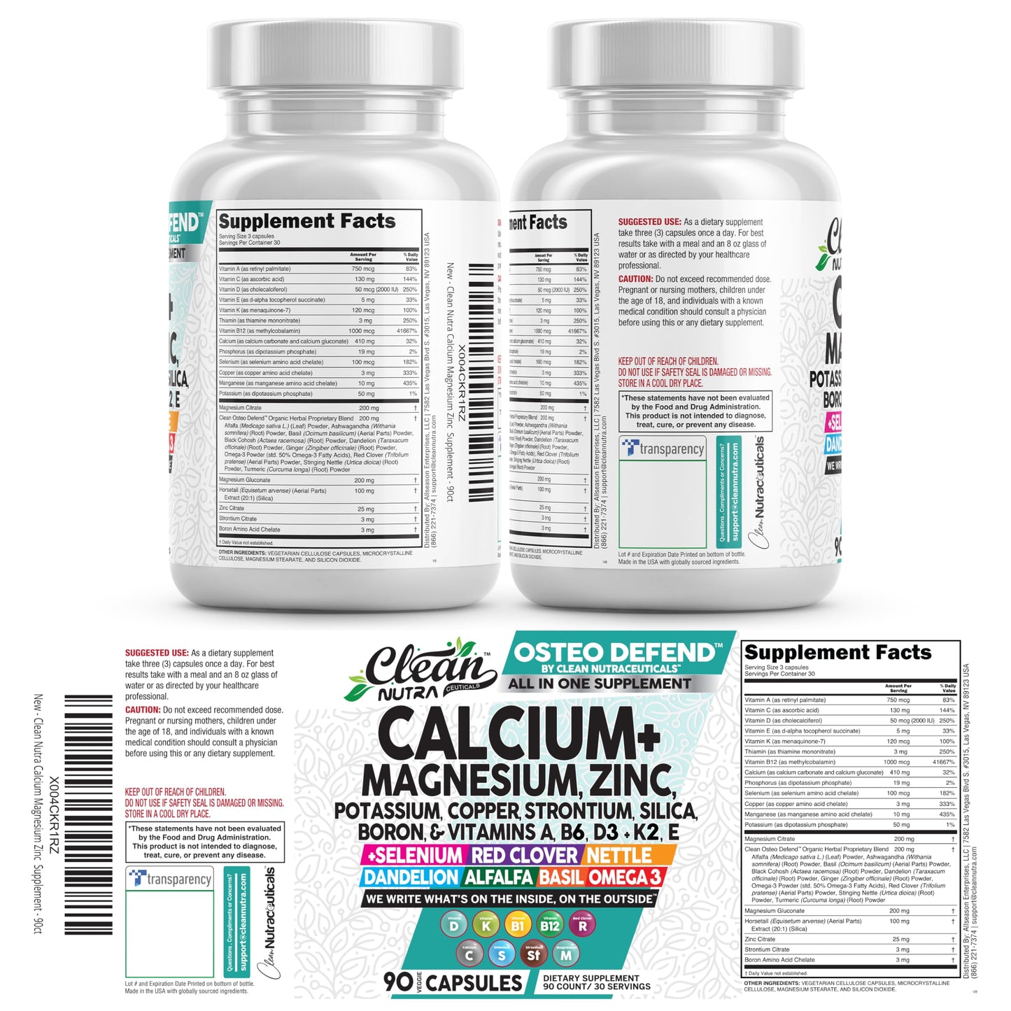 Allin1 Calcium Magnesium Zinc Supplement with Potassium, Copper, Strontium, Silica, Vitamin D3 K2, Boron, Vitamin B1 B12 Red Clover Herb Alfalfa Basil Pills for Men Clean Nutraceuticals
