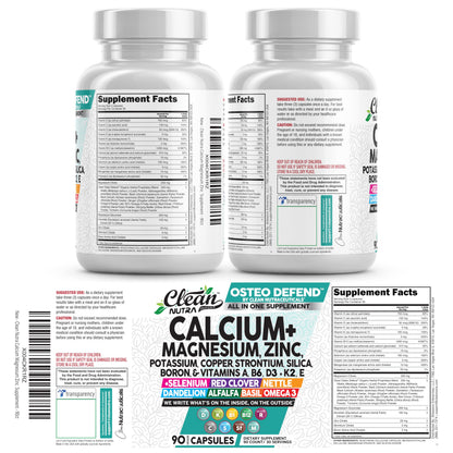 Allin1 Calcium Magnesium Zinc Supplement with Potassium, Copper, Strontium, Silica, Vitamin D3 K2, Boron, Vitamin B1 B12 Red Clover Herb Alfalfa Basil Pills for Men Clean Nutraceuticals