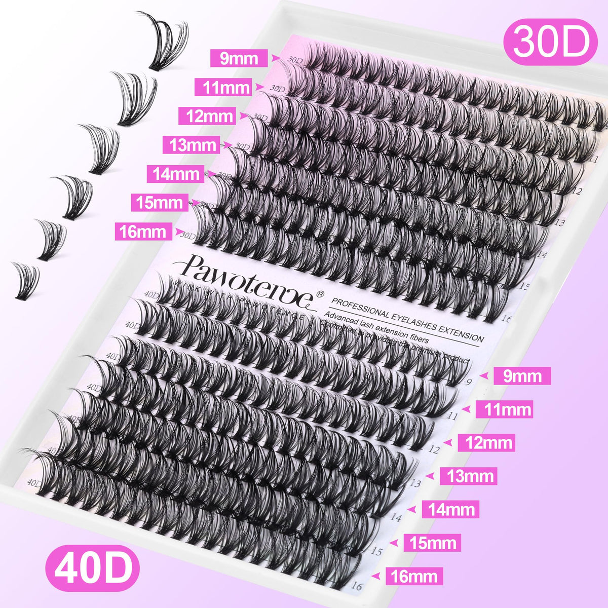 Pawotence Lash Extension Kit DIY 280pcs Lash Clusters Eyelash Extension Kit, 9-16mm 30D 40D Individual Lashes Kit with Lash Bond and Seal, Lash Tweezers for Self Use (30D&40D, 0.07D, 9-16mm, Kit) Pawotence