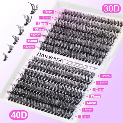 Pawotence Lash Extension Kit DIY 280pcs Lash Clusters Eyelash Extension Kit, 9-16mm 30D 40D Individual Lashes Kit with Lash Bond and Seal, Lash Tweezers for Self Use (30D&40D, 0.07D, 9-16mm, Kit) Pawotence