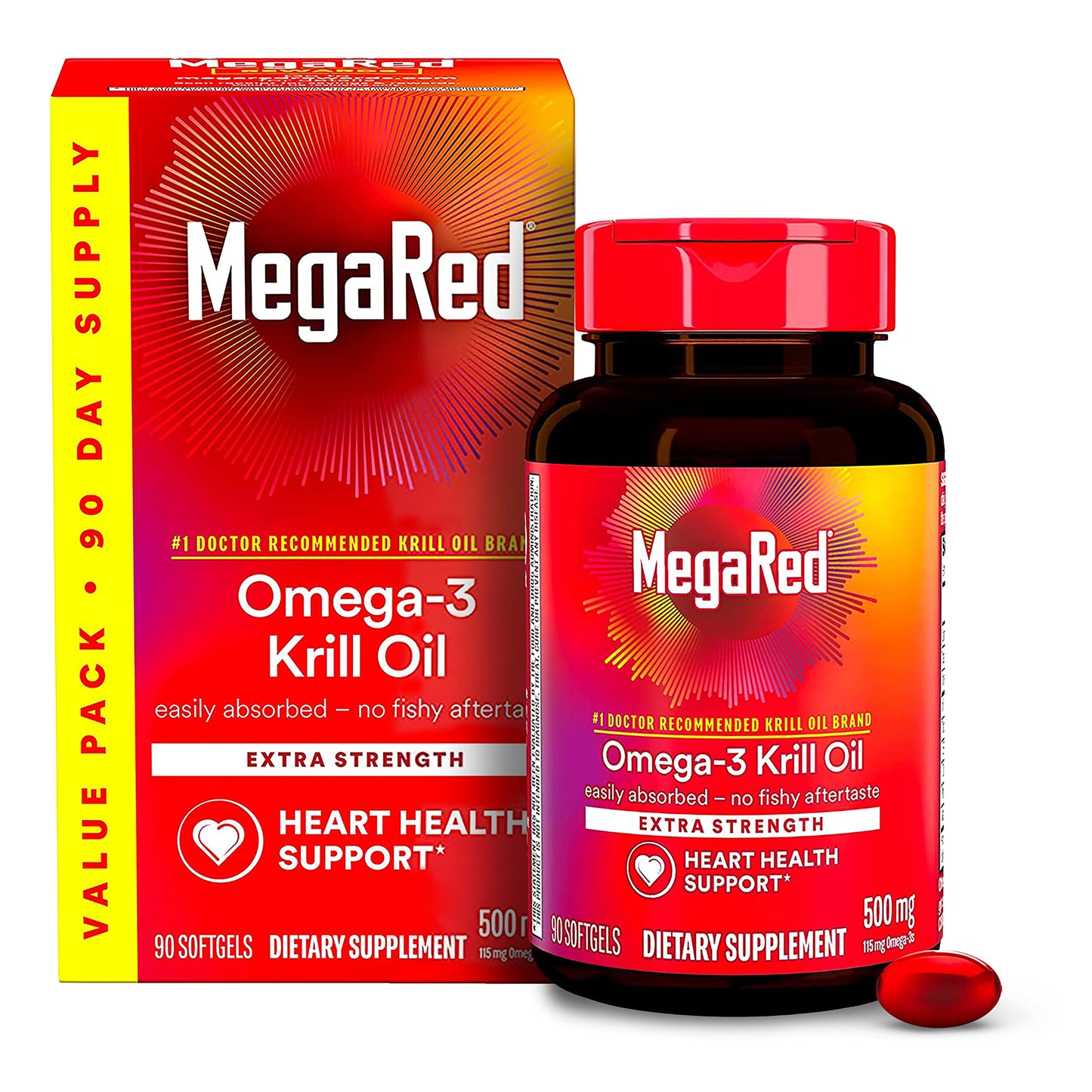 MegaRed Antarctic Krill Oil 500mg Omega 3 Fatty Acid Supplement, Extra Strength EPA & DHA Krill Oil Softgels (90cnt Box), Astaxanthin MegaRed