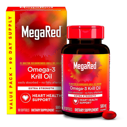 MegaRed Antarctic Krill Oil 500mg Omega 3 Fatty Acid Supplement, Extra Strength EPA & DHA Krill Oil Softgels (90cnt Box), Astaxanthin MegaRed