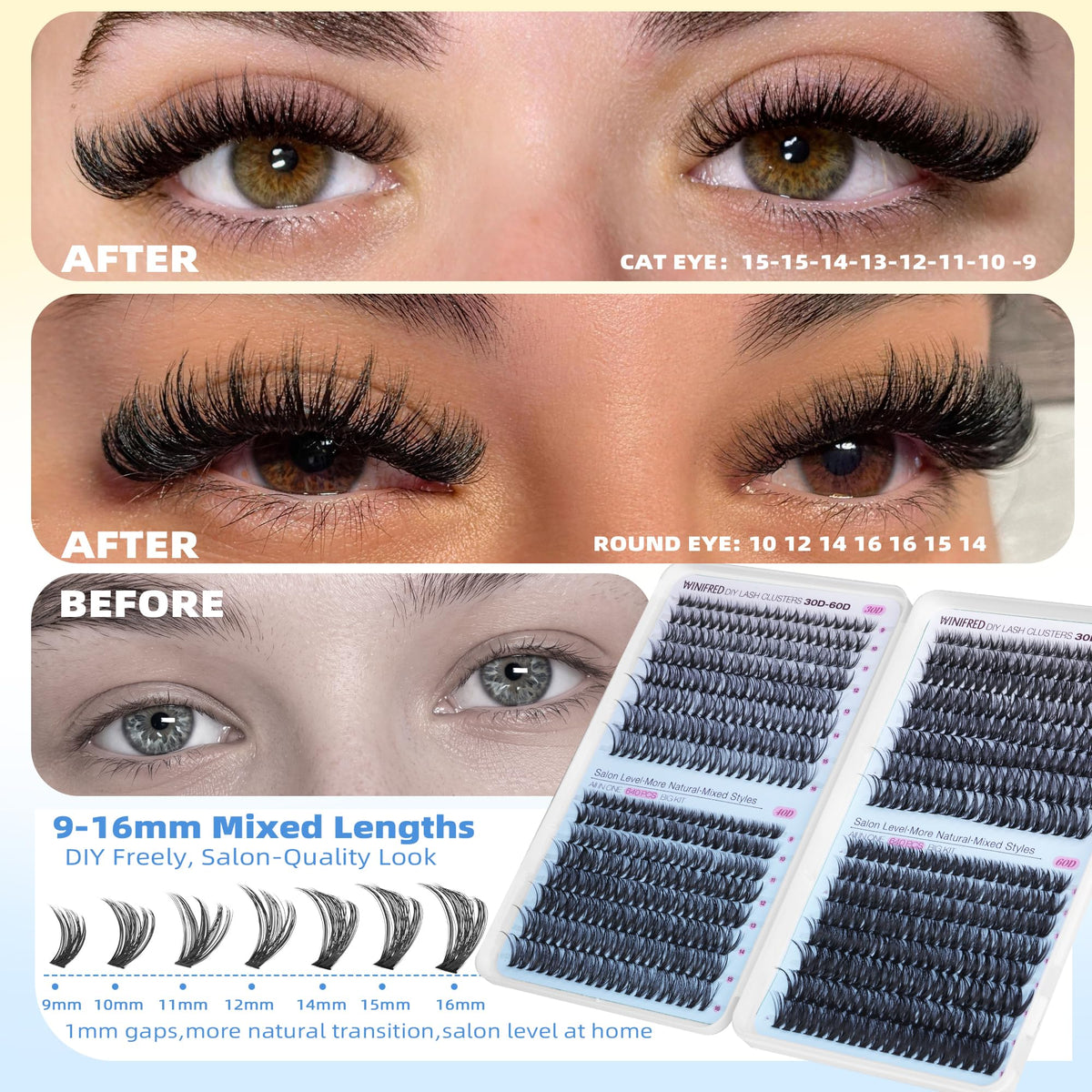 Lash Clusters Kit 640PCS Wispy Eyelash Clusters Kit Natural 30D 40D 50D 60D Winifred